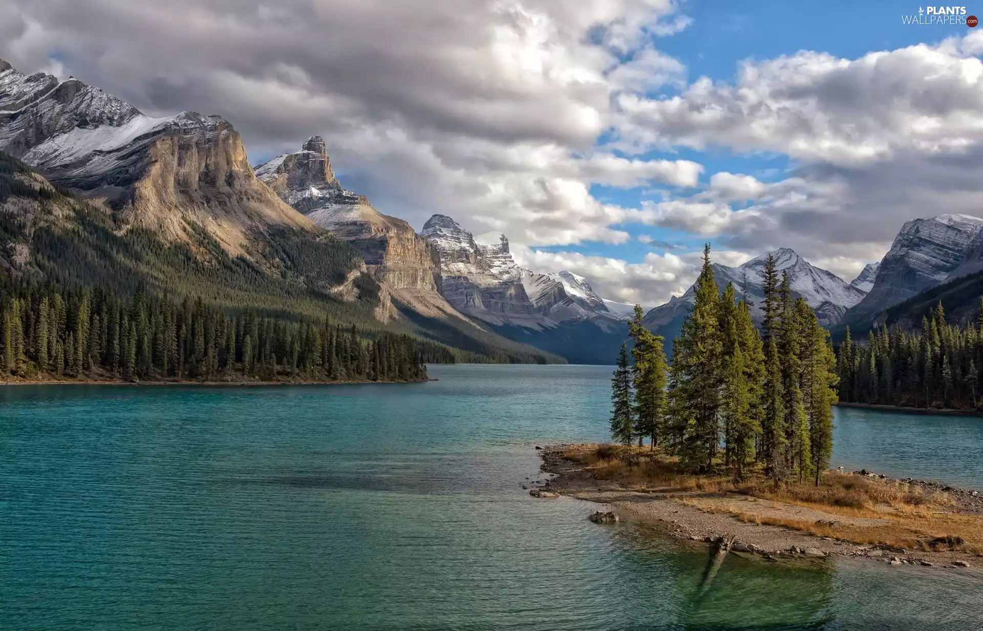 Maligne Lake, Jasper National Park, clouds, Mountains, Canada, Spirit Island, Trees tree