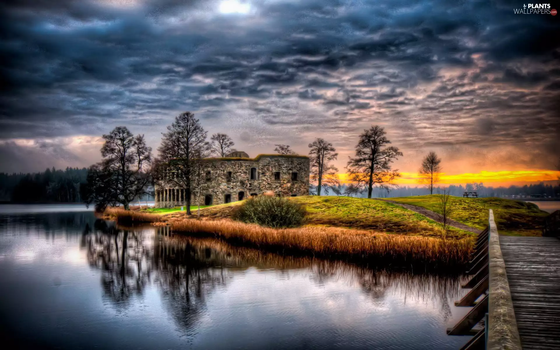 lake, house, viewes, Island, abandoned, trees, bridges