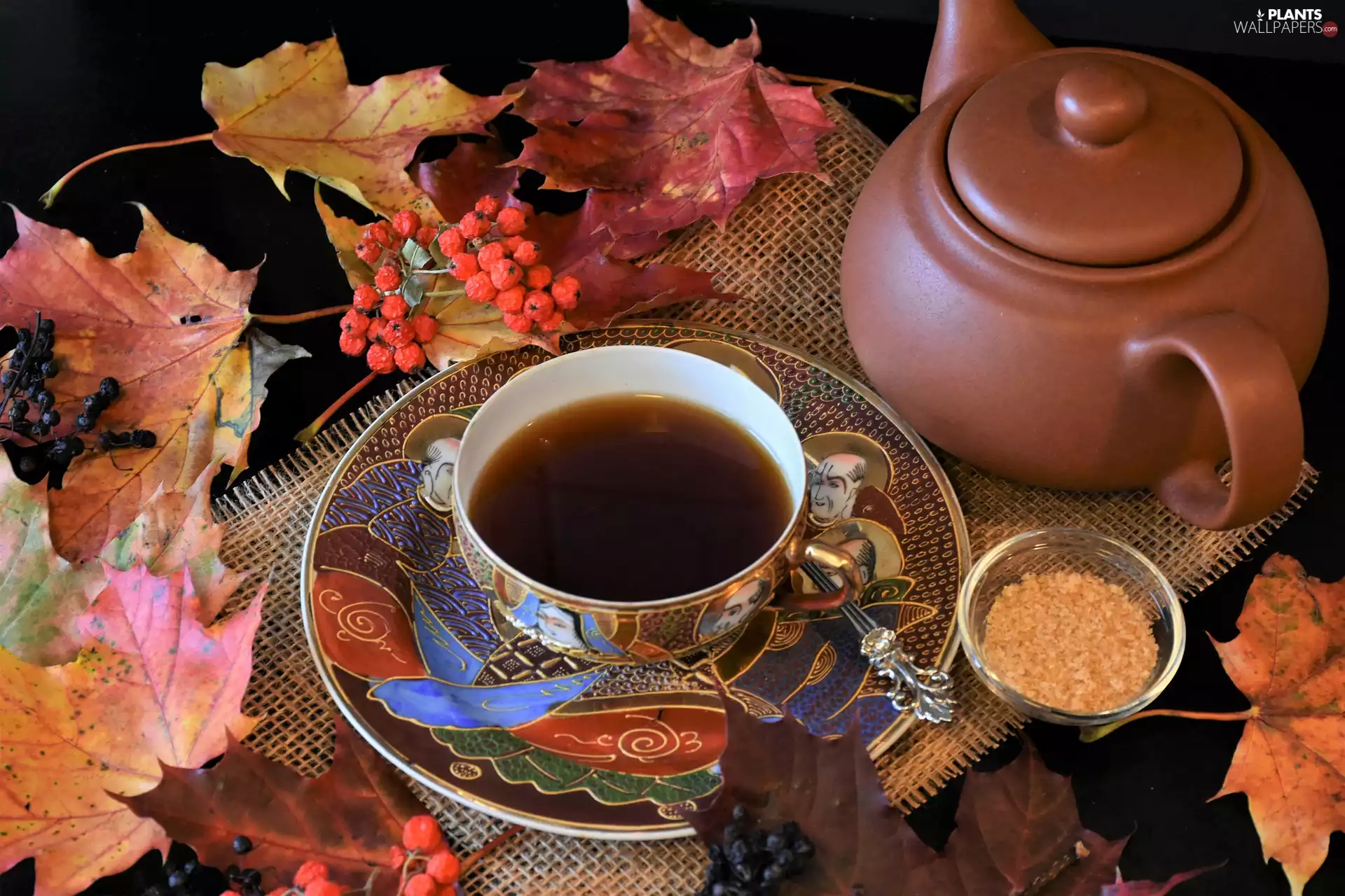 Leaf, tea, blueberries, kettle, cup, maple, composition