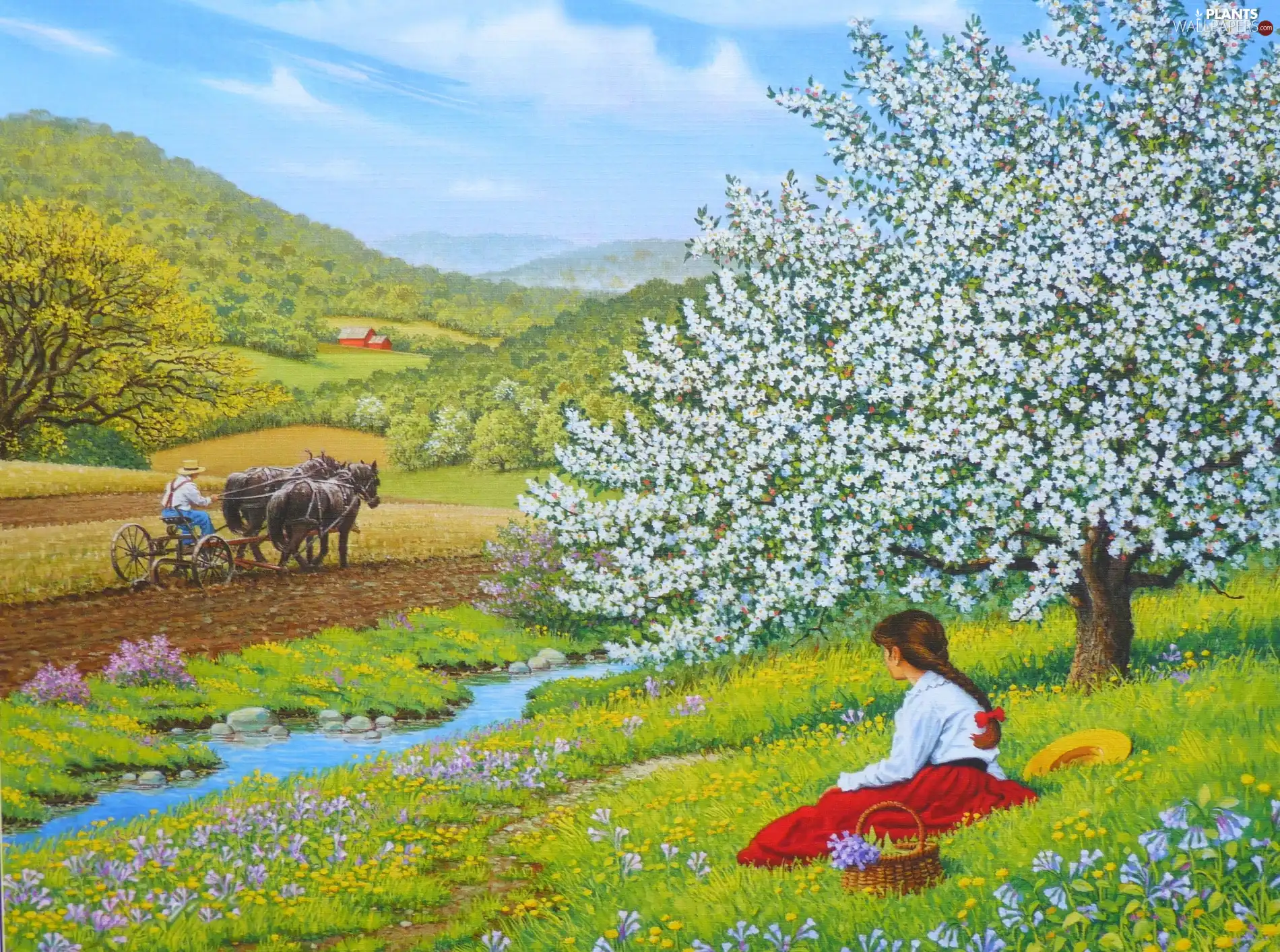 flourishing, girl, Field, Flowers, Meadow, trees, whale killer