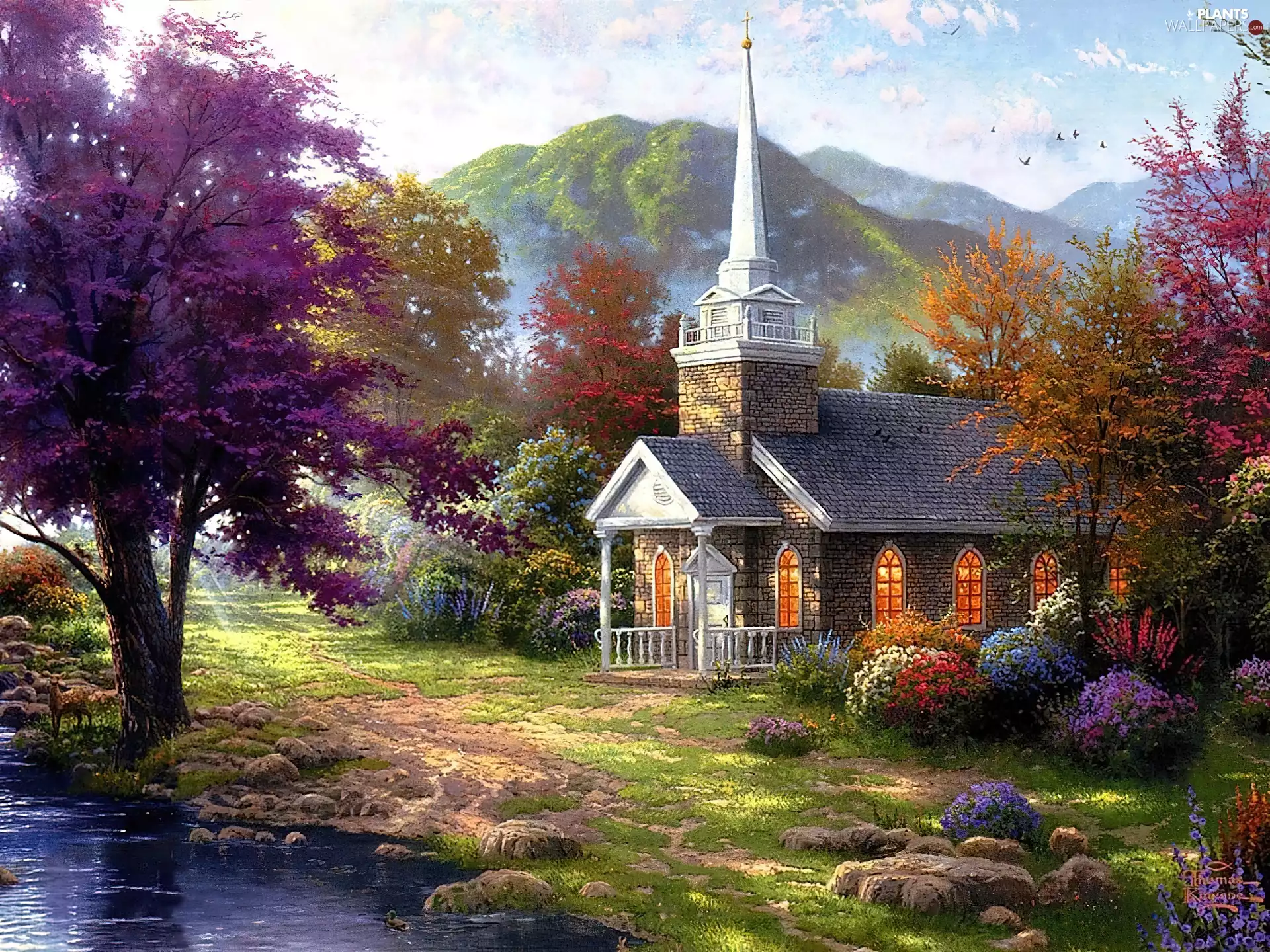 Thomas Kinkade, Mountains, autumn, church