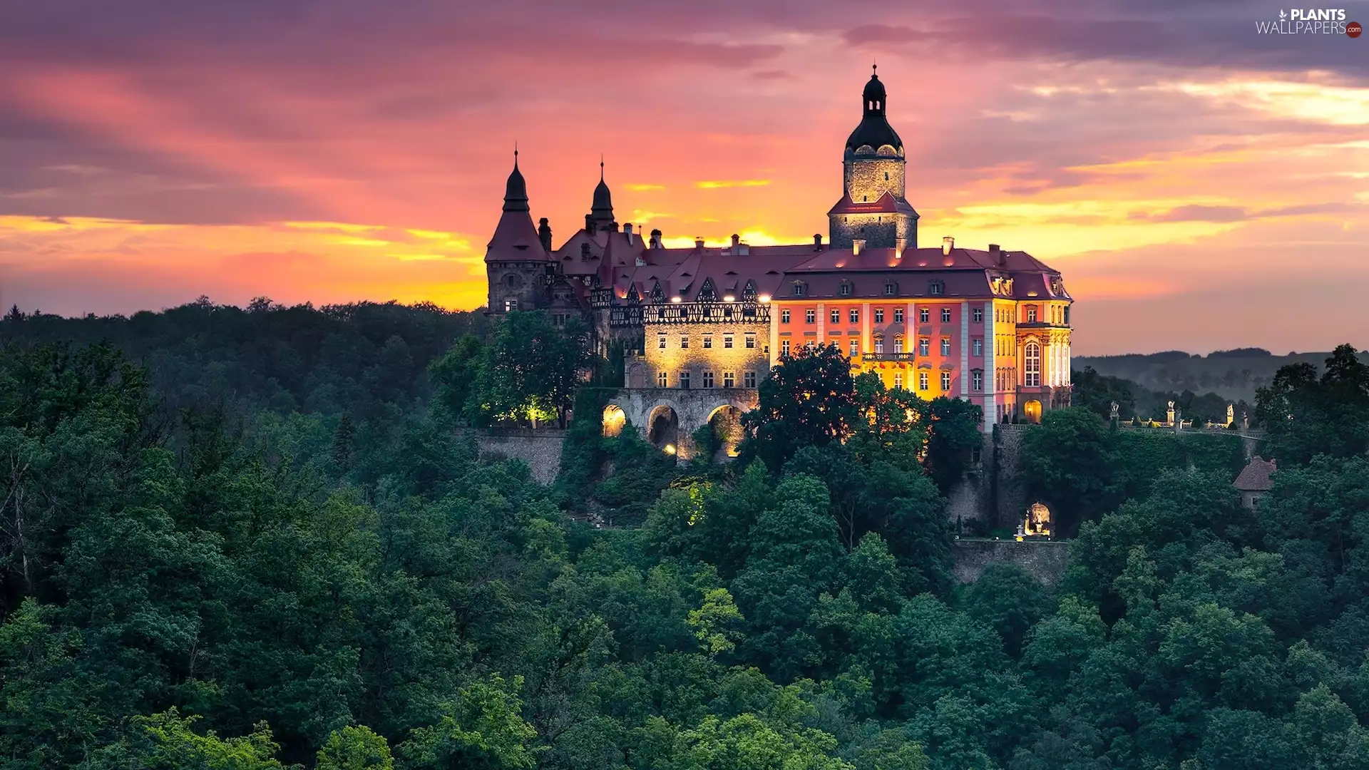 trees, viewes, Walbrzych, Książ Castle, Poland