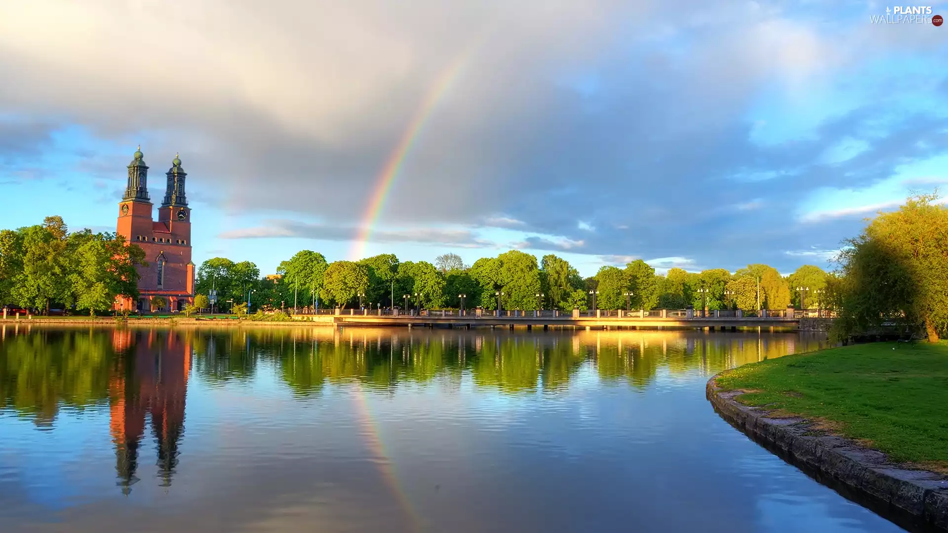 viewes, Great Rainbows, lake, trees, Church