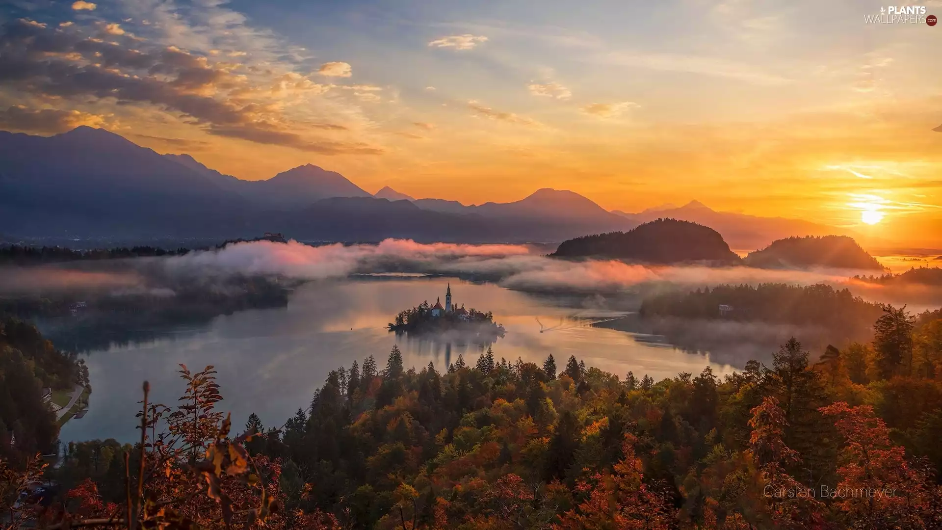 viewes, Blejski Otok Island, Church, Fog, Mountains, autumn, Lake Bled, Slovenia, Great Sunsets, trees