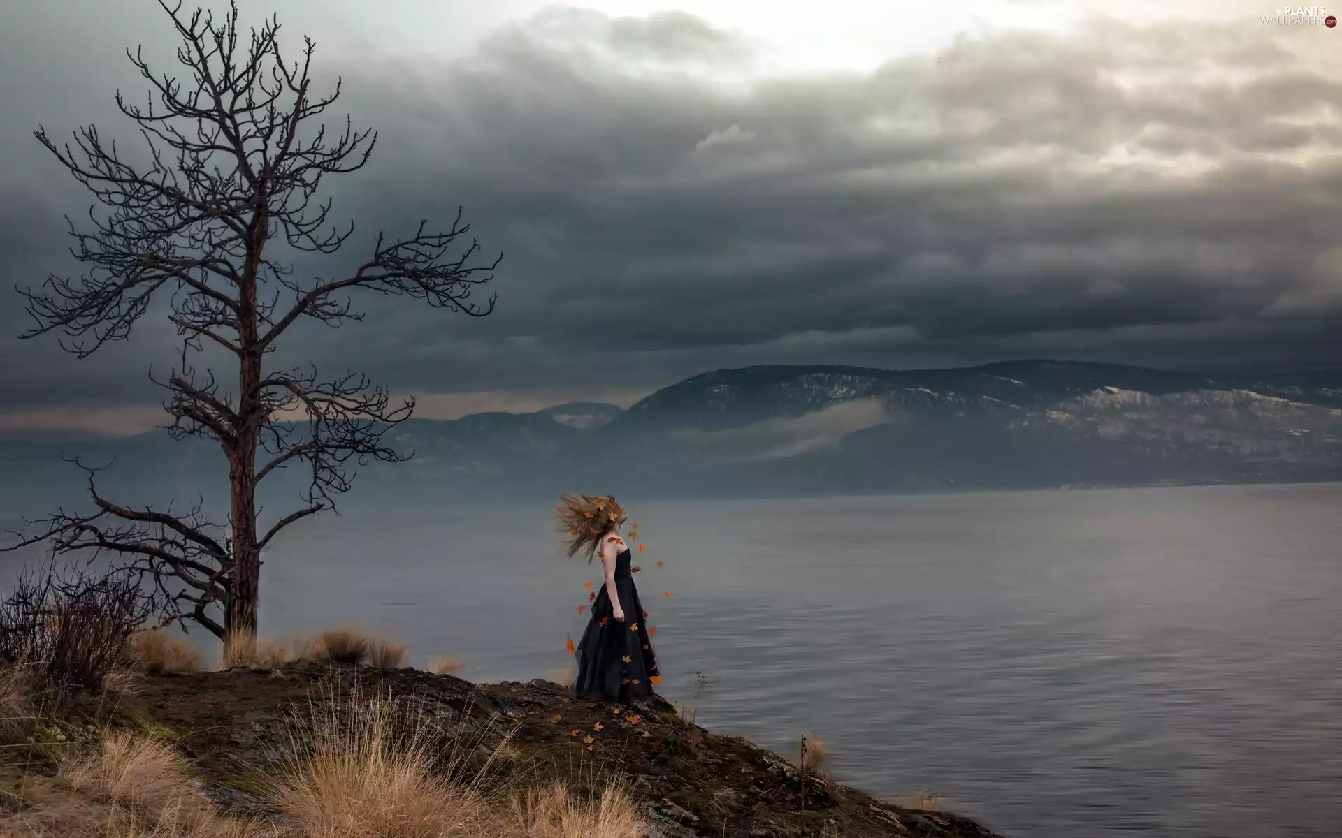 Mountains, trees, clouds, lake, Women, dark, Dusk