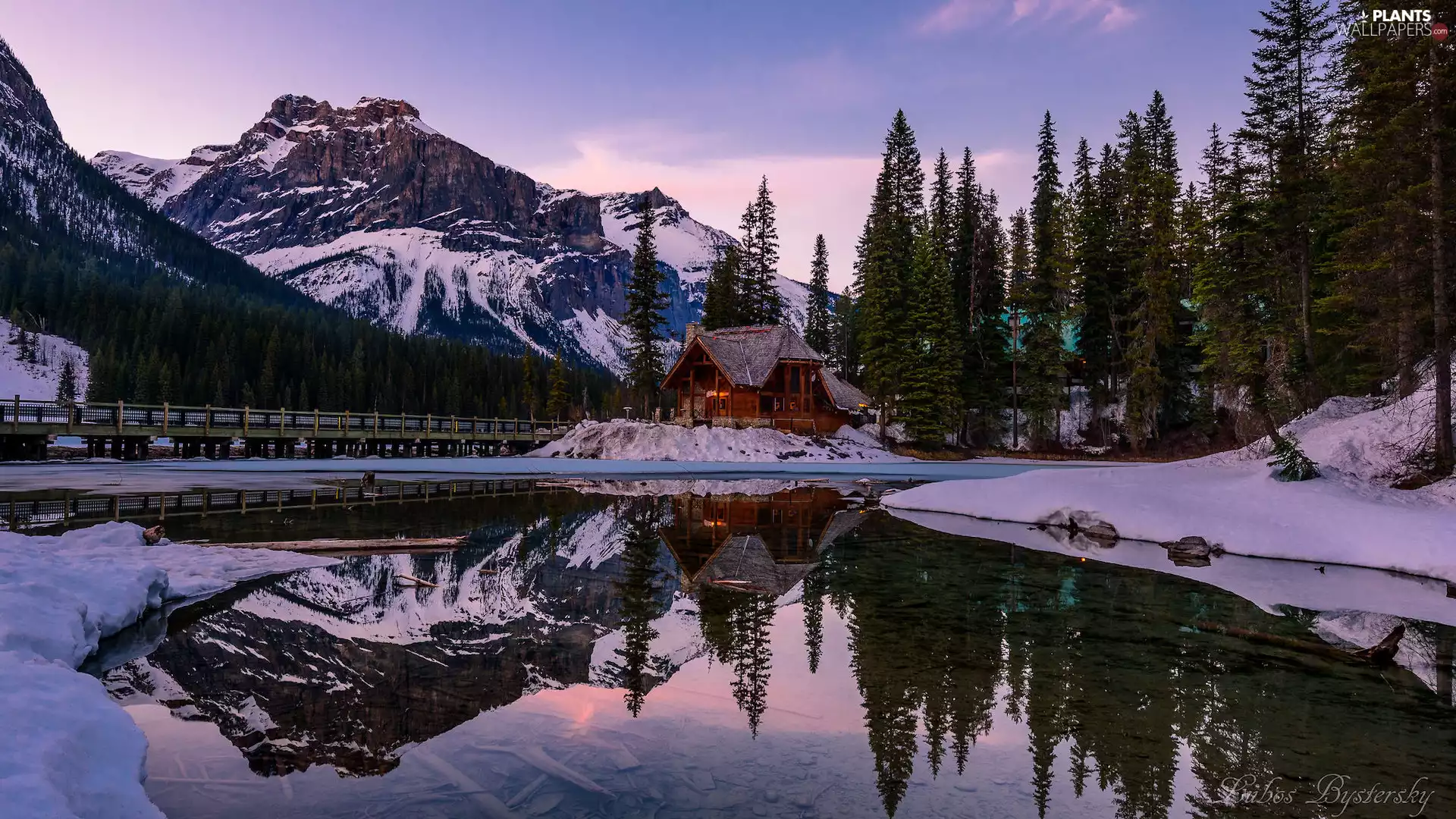 viewes, trees, forest, house, Emerald Lake, Province of British Columbia, Mountains, winter, Canada, bridge, lake, Yoho National Park