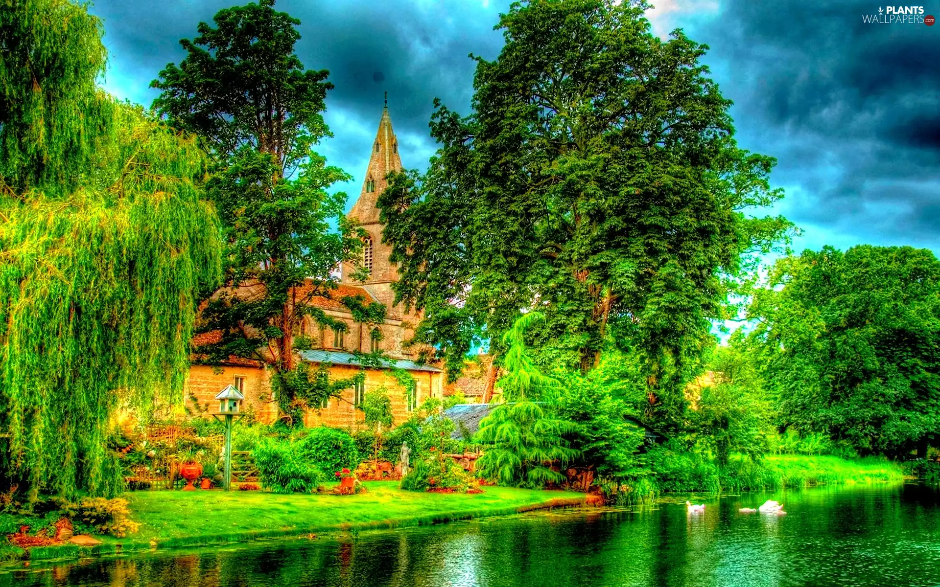 Garden. Trees, Church, lake