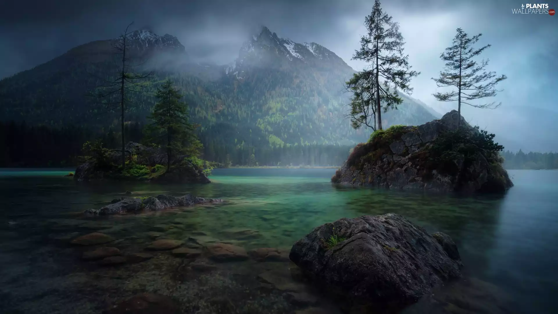 Lake Hintersee, Bavaria, viewes, Alps Mountains, Germany, trees, rocks