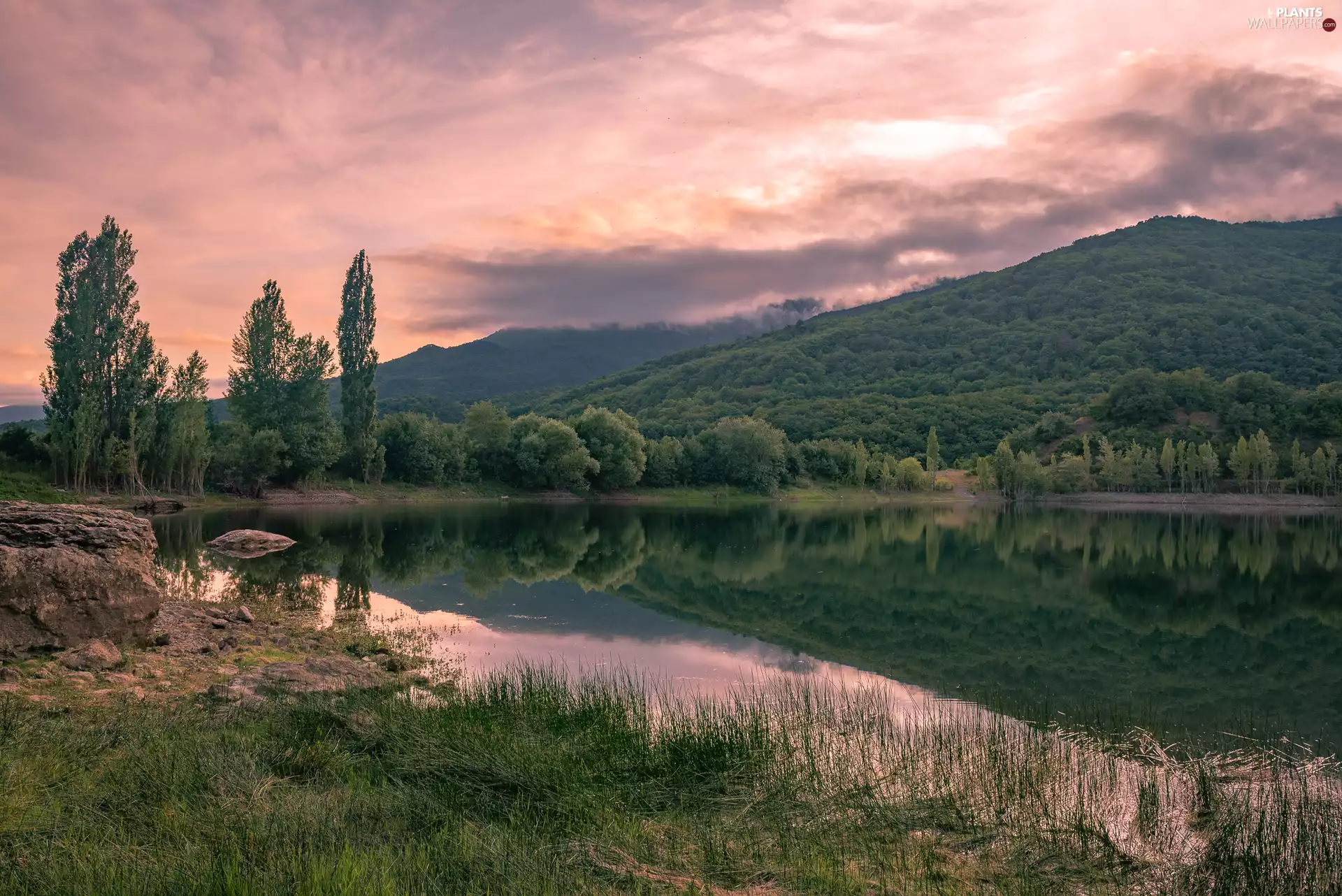 lake, reflection, rocks, trees, grass, The Hills, Sunrise, viewes