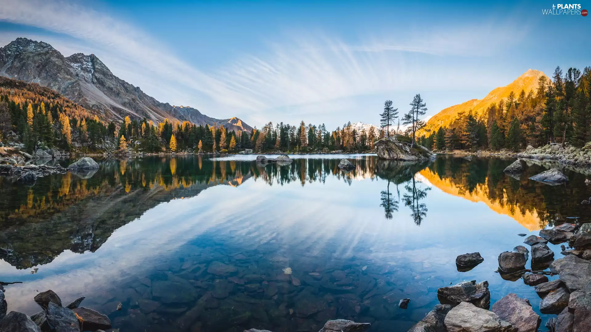Alps, Switzerland, Lago di Saoseo Lake, Val di Campo Valley, trees, reflection, autumn, Mountains, Canton Graubunden, viewes, Stones