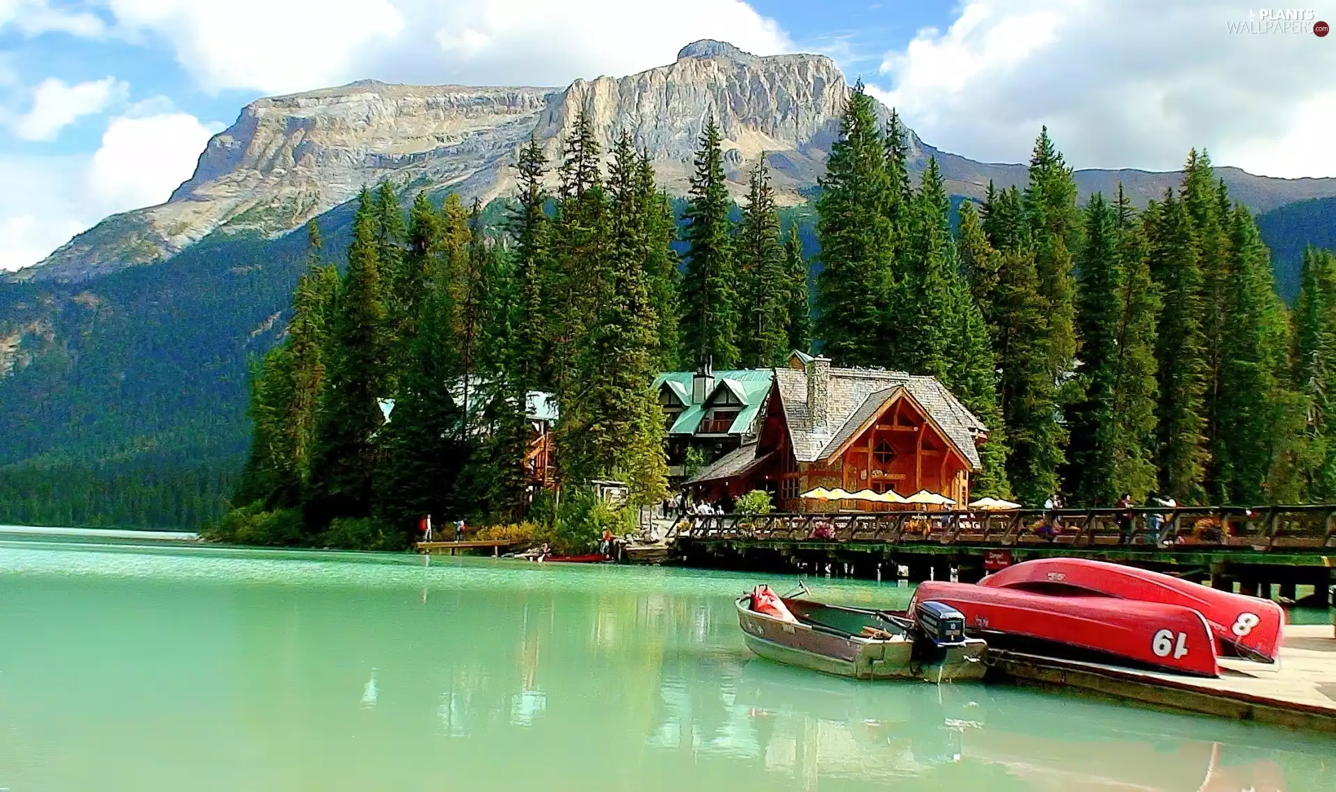 Mountains, Houses, Boats, lake