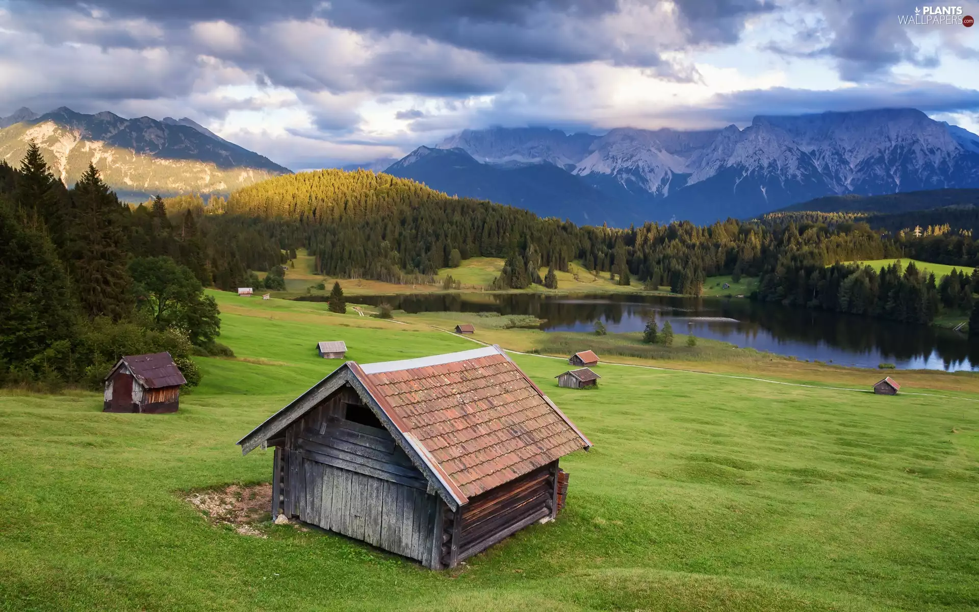 woods, trees, Bavaria, Sheds, Germany, Alps, grass, Mountains, Houses, car in the meadow, viewes, clouds, Geroldsee Lake