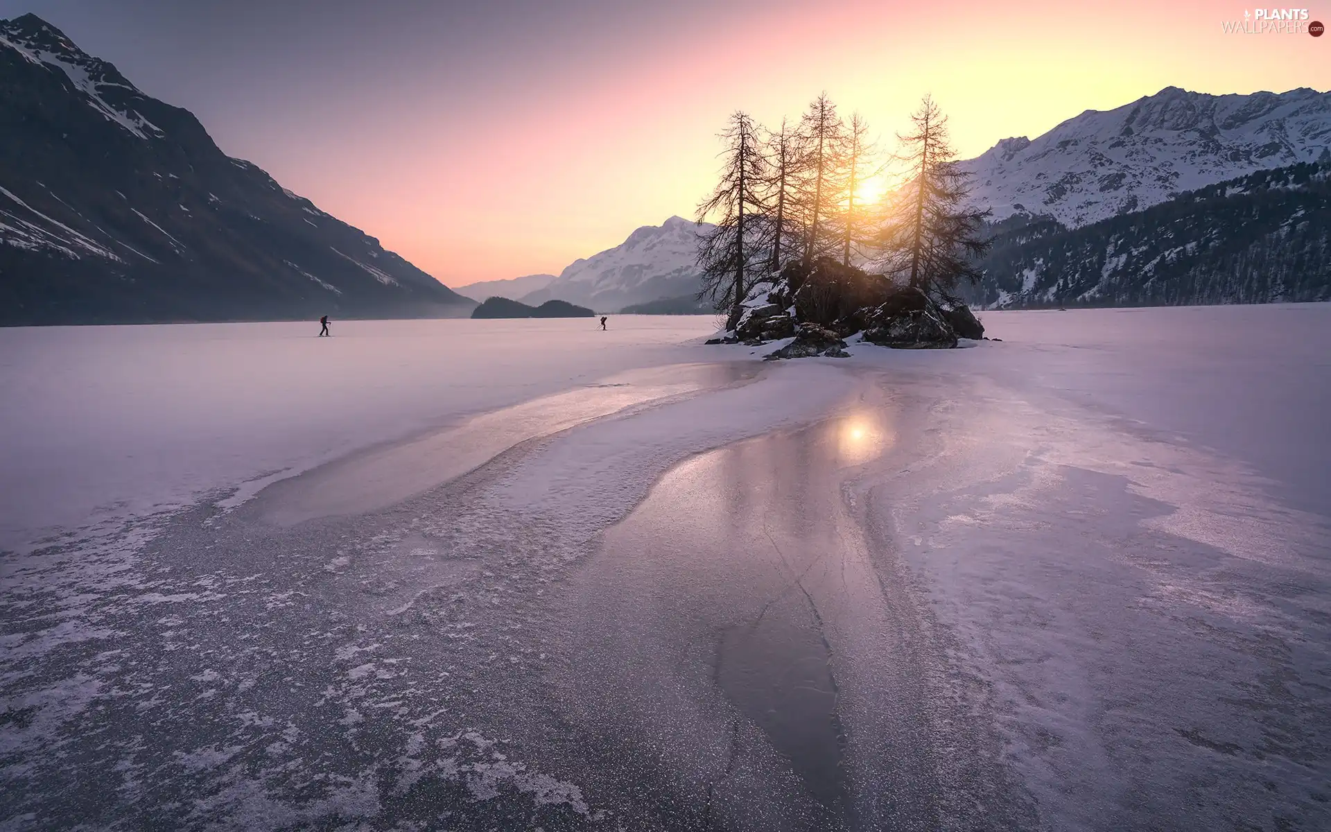trees, winter, Sunrise, lake, viewes, Mountains