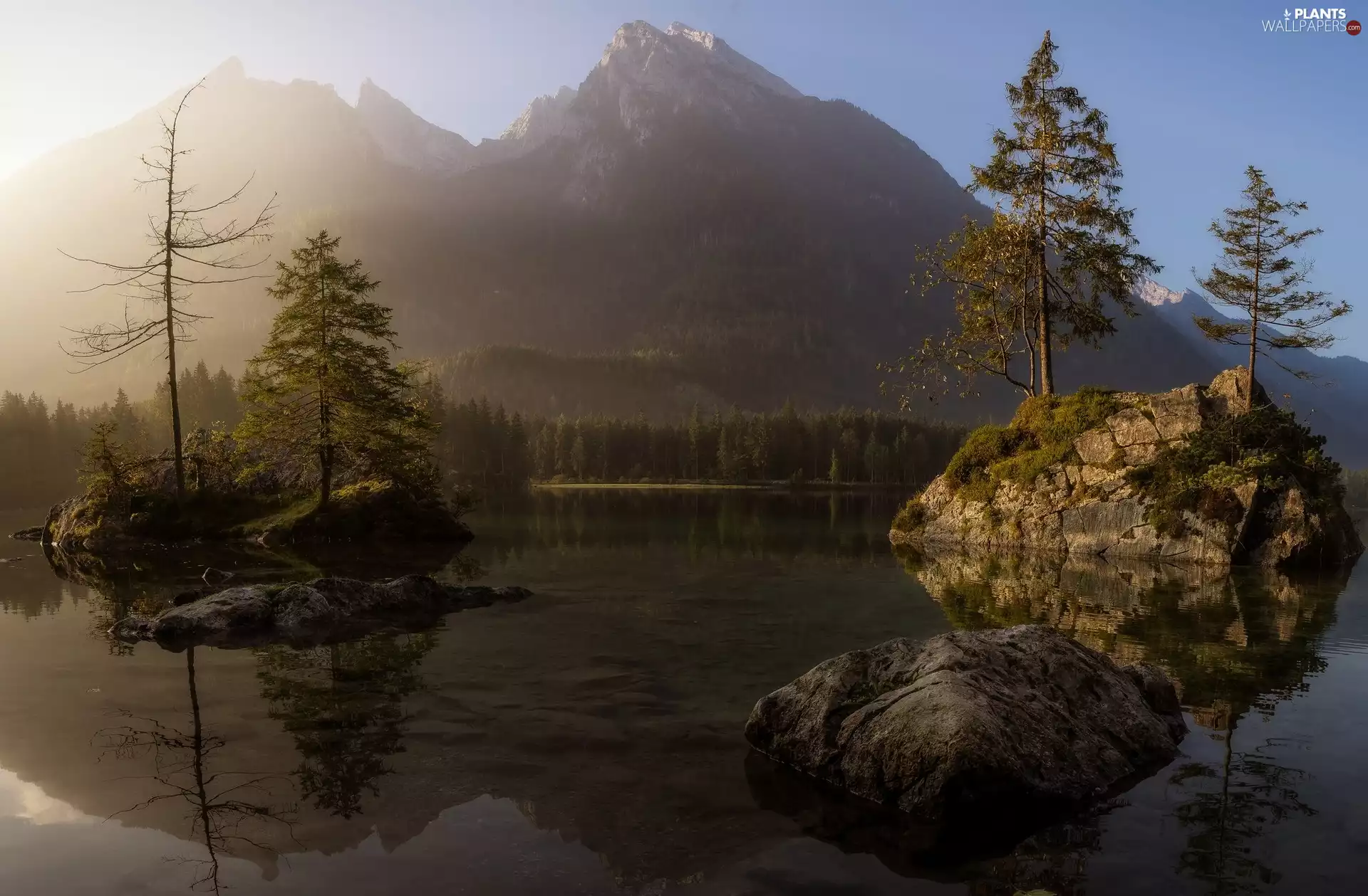 Lake Hintersee, trees, Germany, viewes, Bavaria, rocks, Alps Mountains, Fog