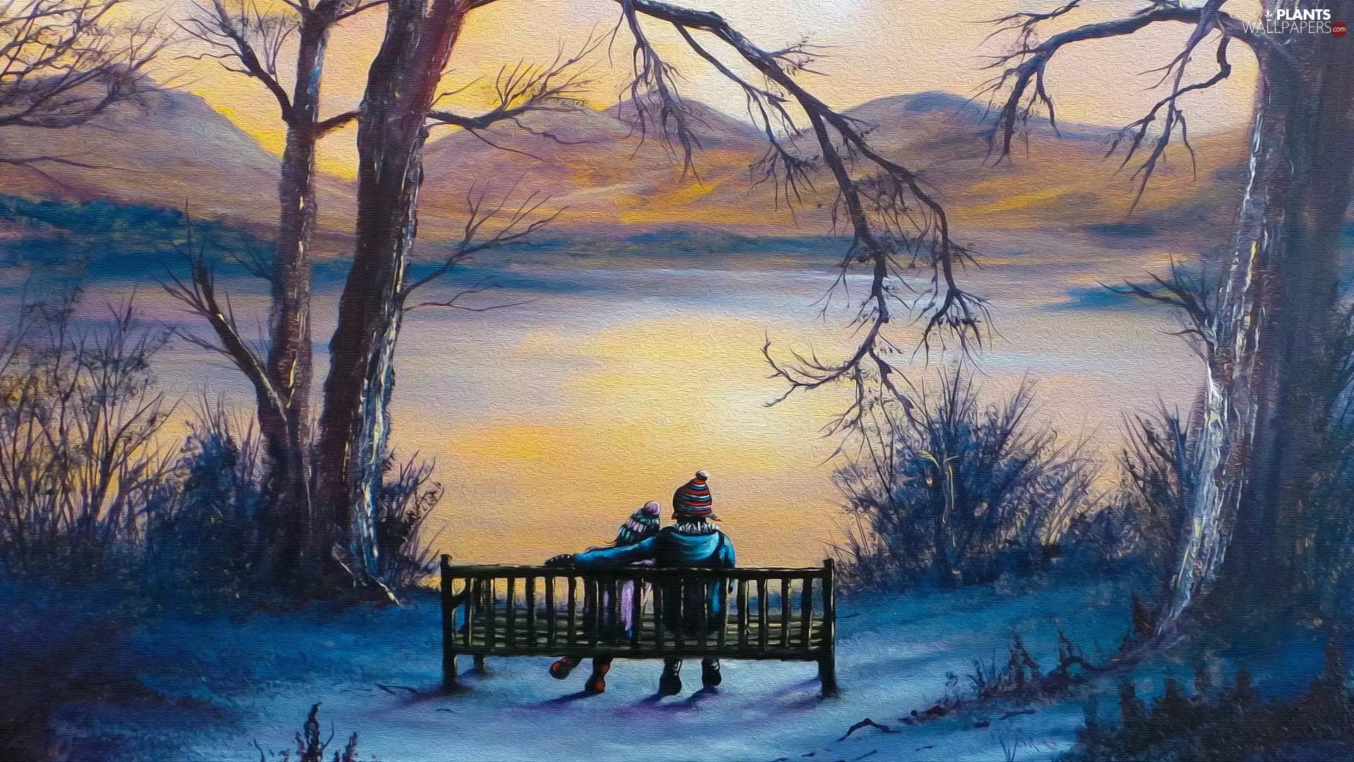 lake, winter, Mountains, trees, Kids, graphics, snow, Bench, viewes