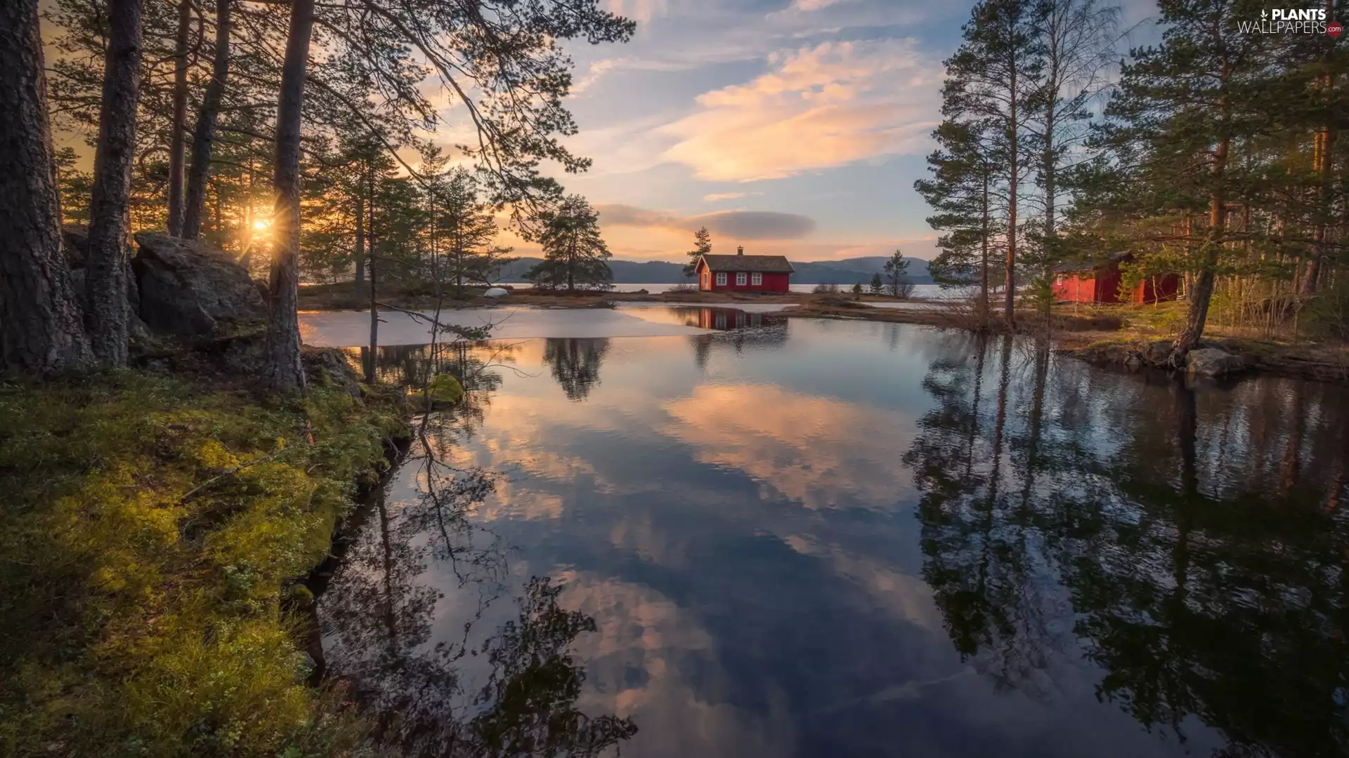 Ringerike, Norway, Vaeleren Lake, clouds, house, rays of the Sun, viewes, Boat, trees