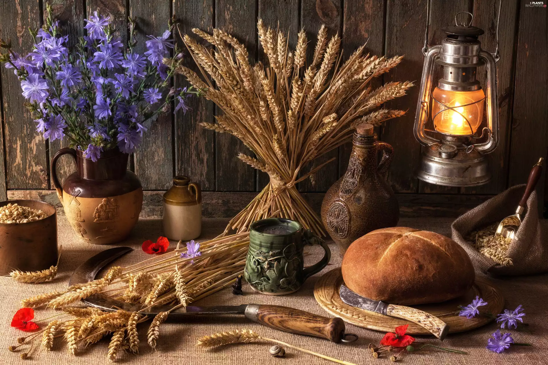 corn, composition, Flowers, Lamp, sickle, bread