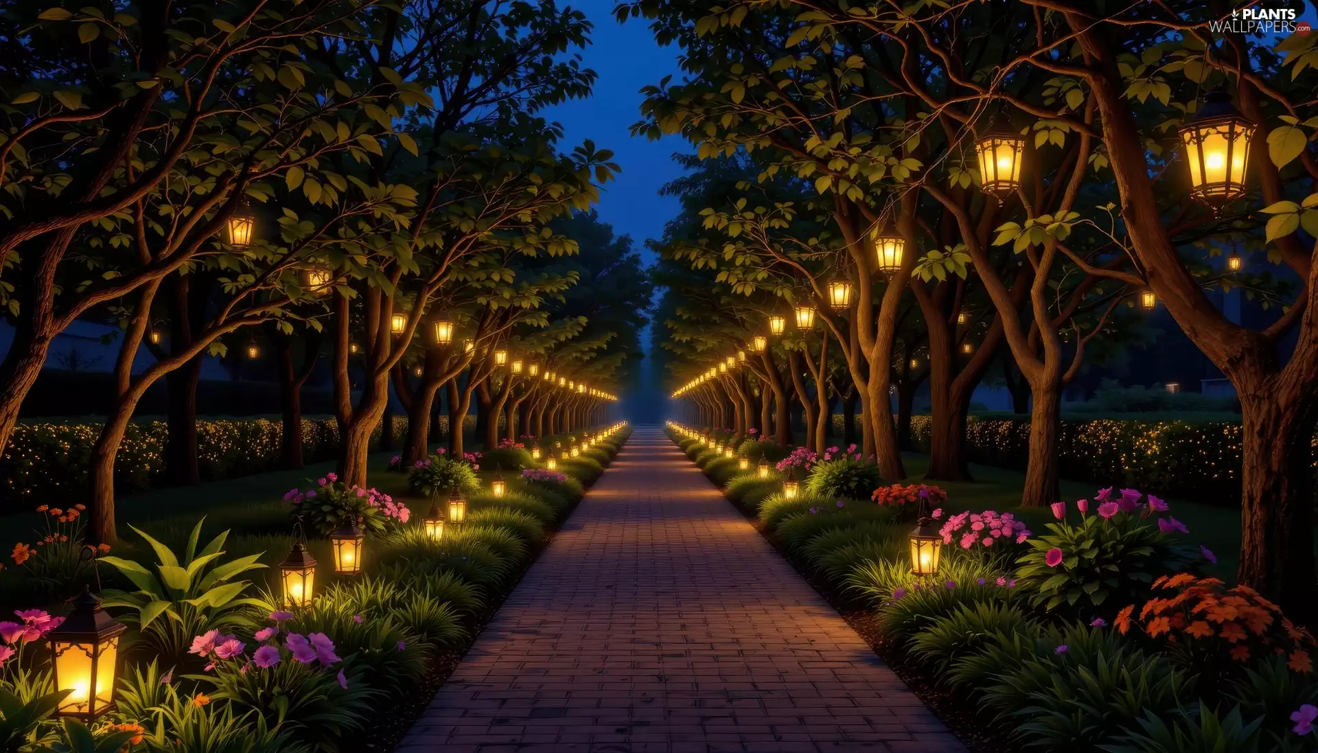 trees, Garden, Flowers, lanterns, Night, viewes, Path