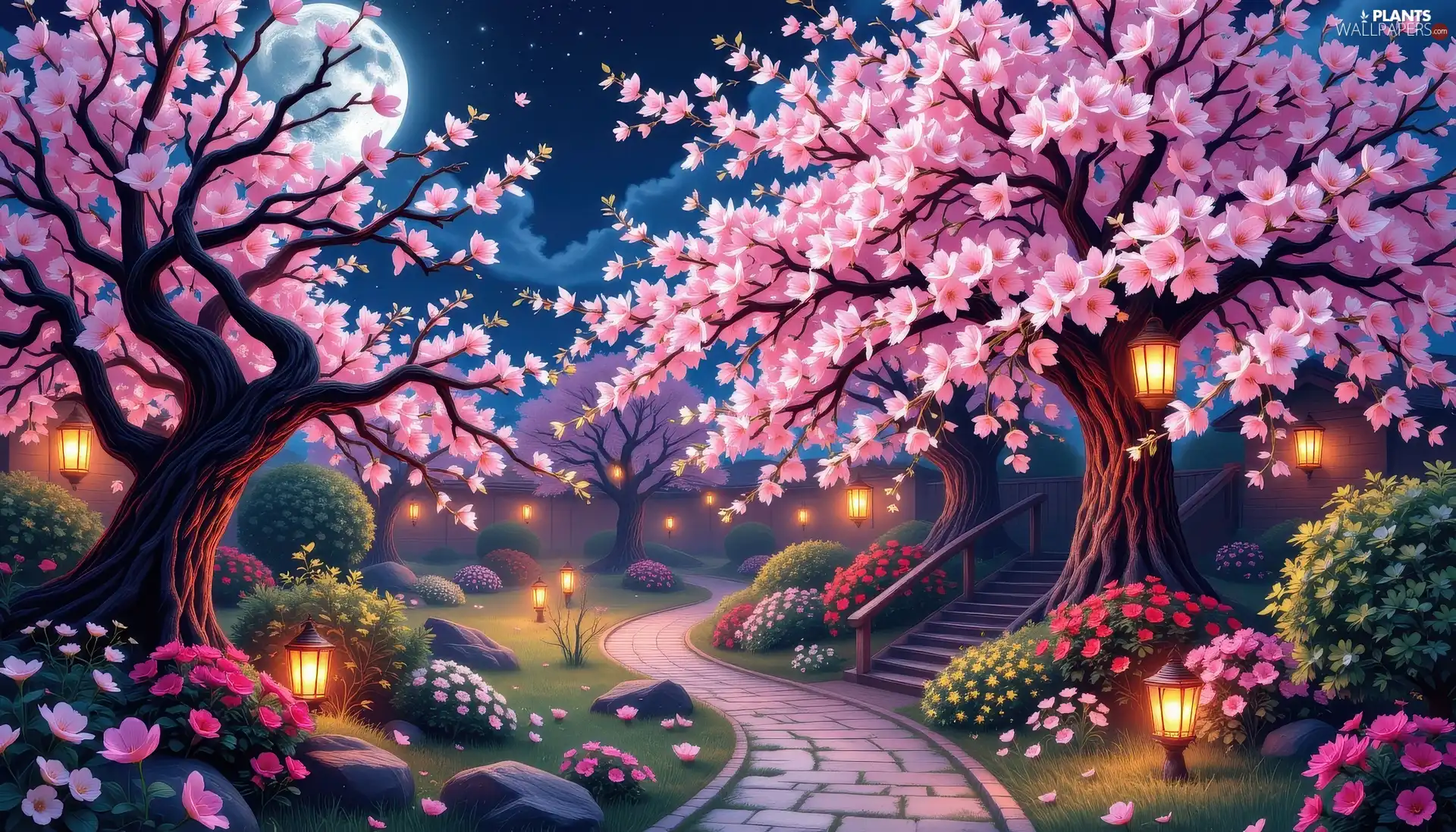 trees, viewes, Night, Flowers, moon, flourishing, Garden, lanterns