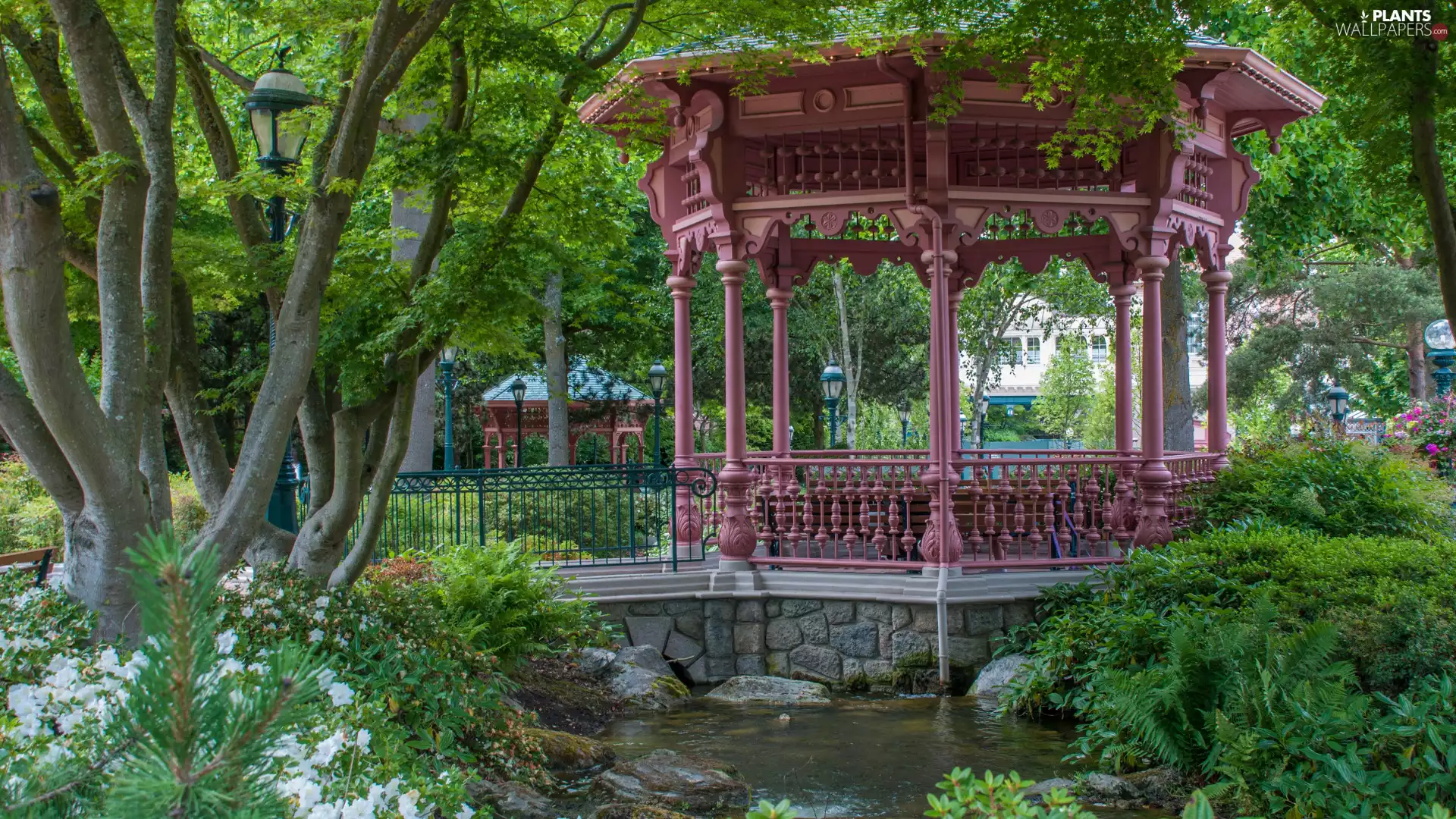 viewes, lanterns, Pavilions, trees, Park