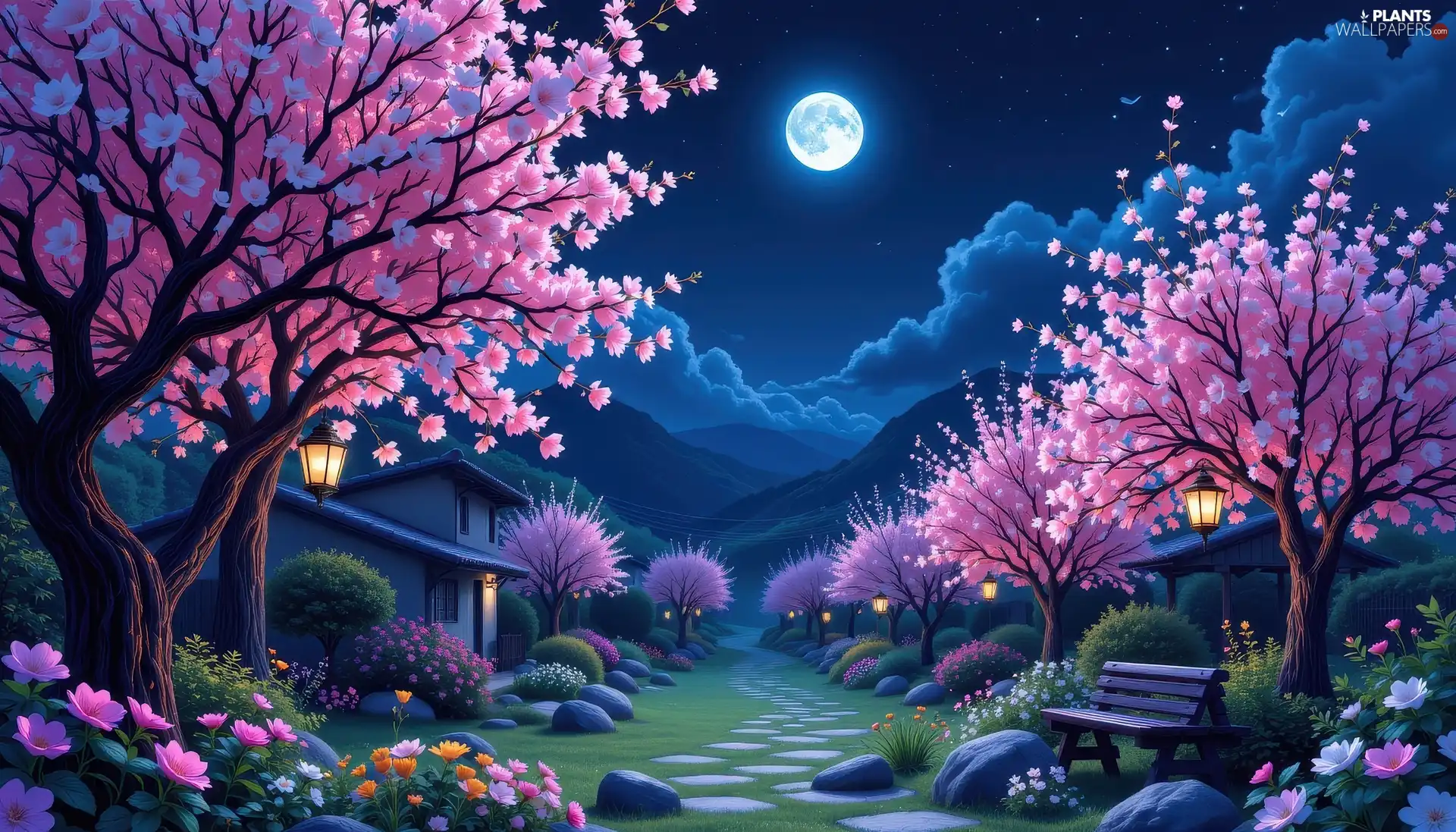 lanterns, Flower-beds, Spring, Bench, Night, viewes, trees, house