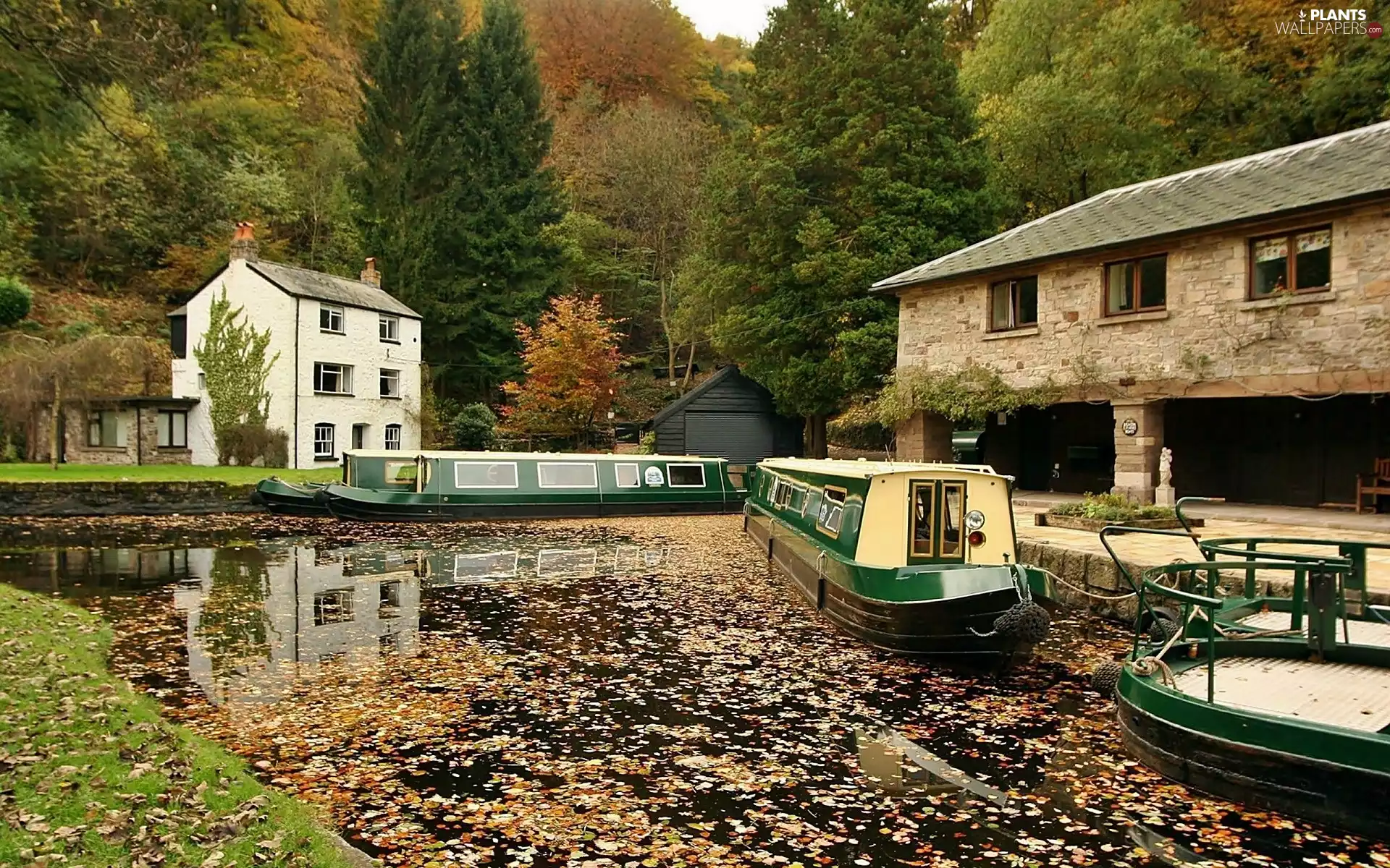 River, forest, fallen, Leaf, Boats, Houses