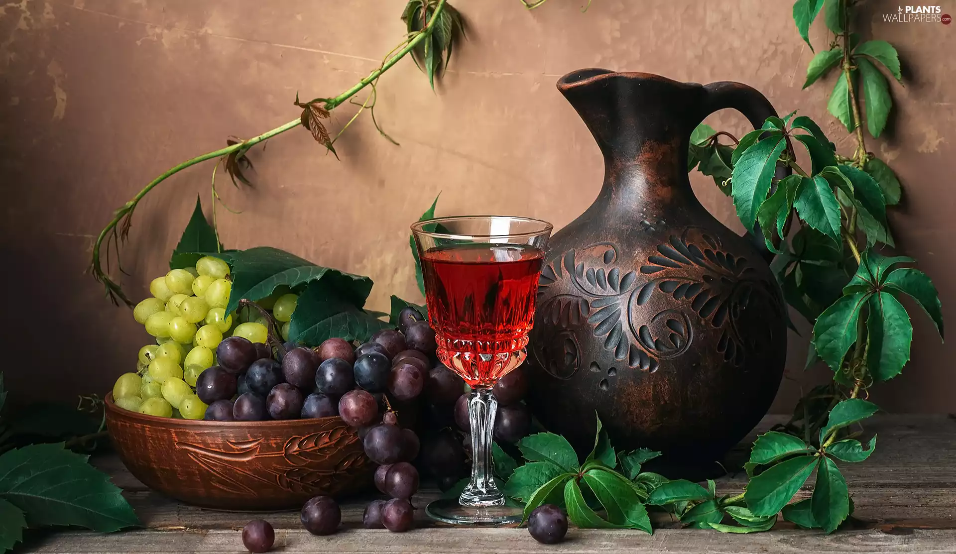 Grapes, Leaf, pitcher, glass, composition