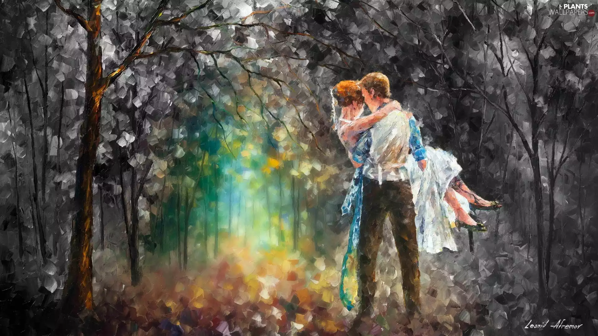 Leonid Afremov, trees, Women, viewes, a man, picture, painting, forest
