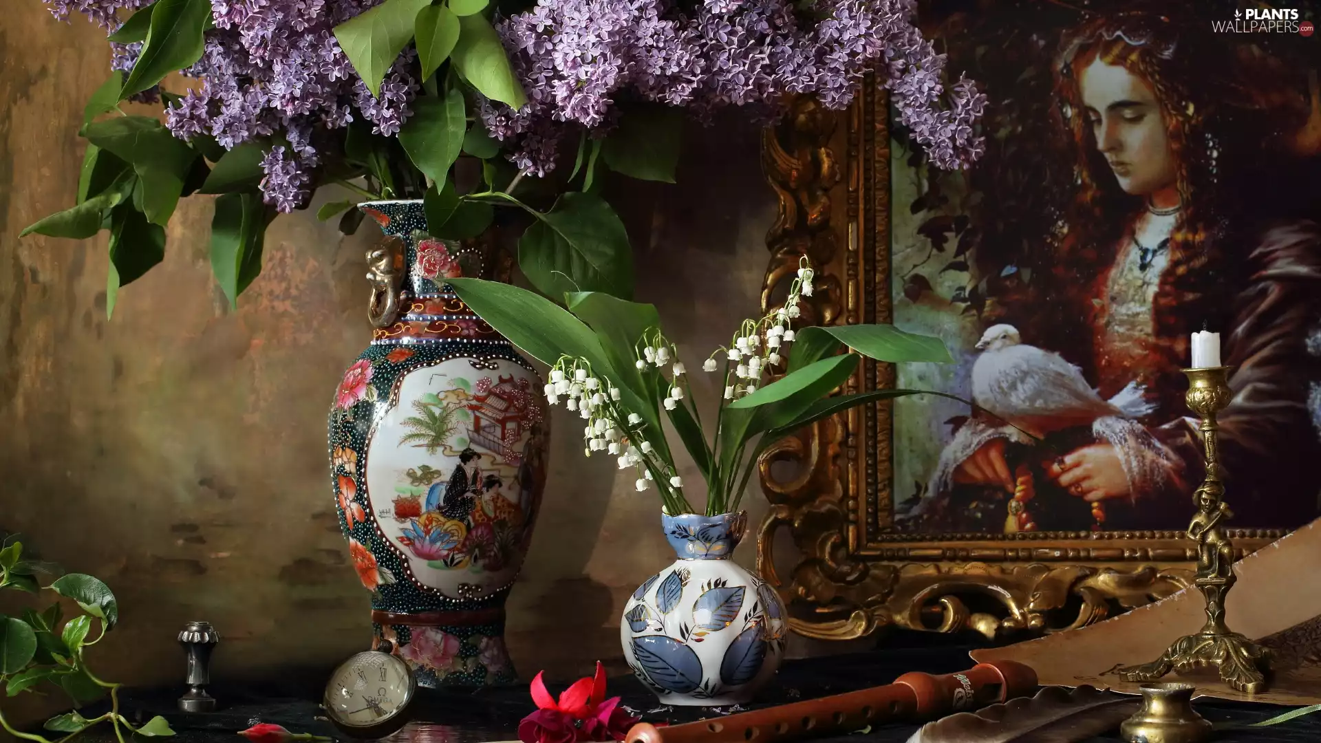 Vase, without, candle, lilies, composition, picture, flute