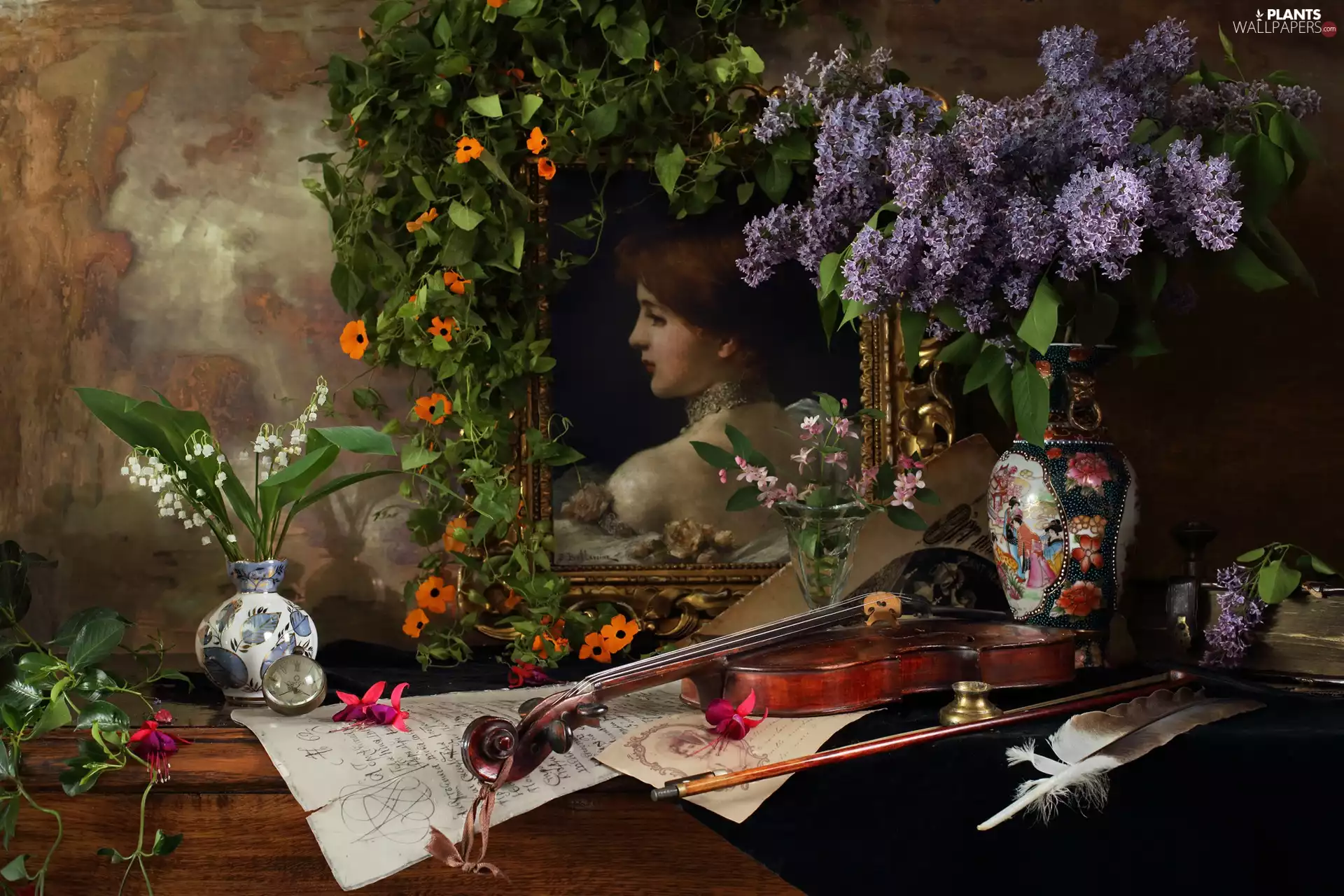 without, violin, composition, vases, pen, Flowers, picture, lilies