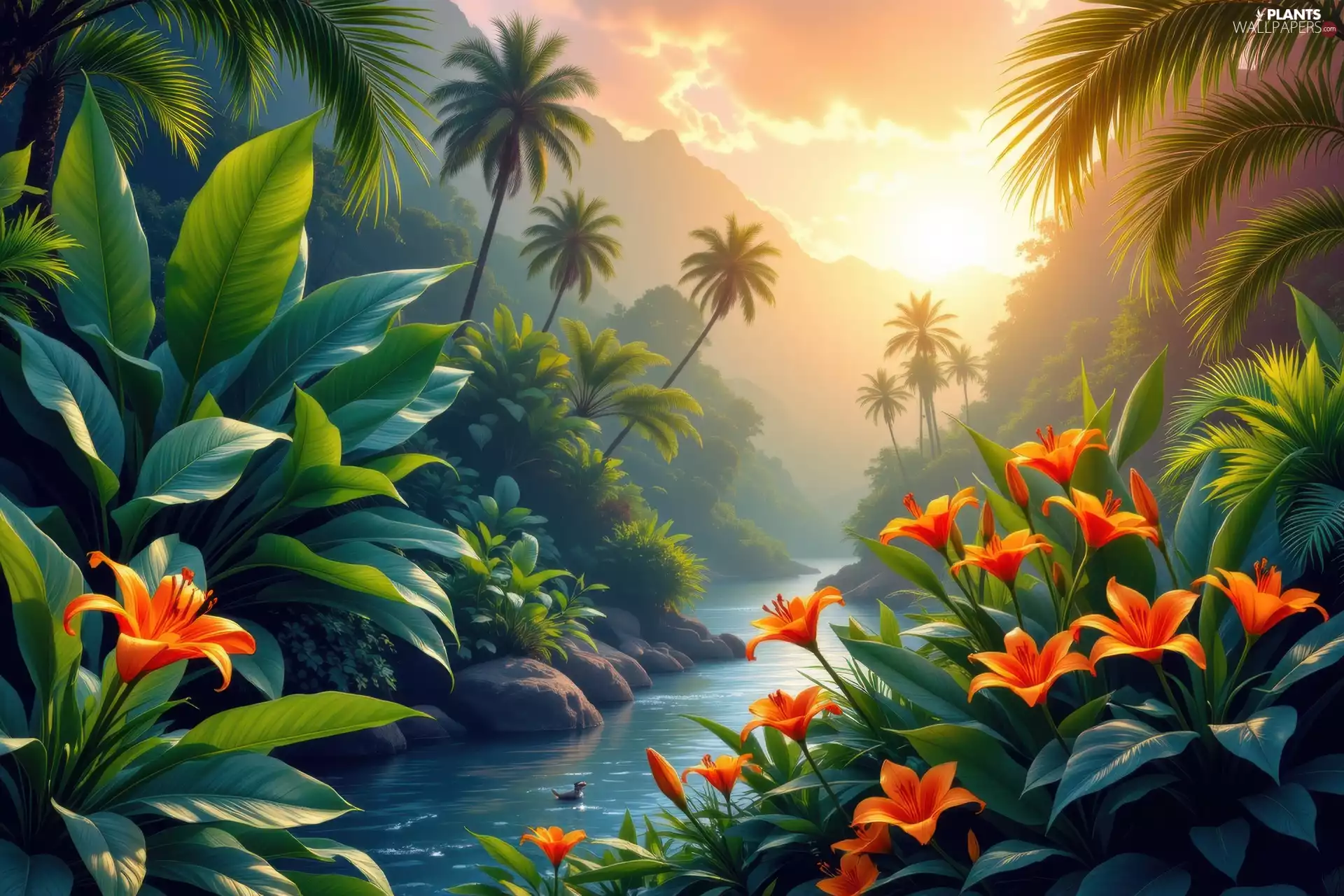 lilies, Flowers, trees, viewes, Stones, Sky, Leaf, River, Palms