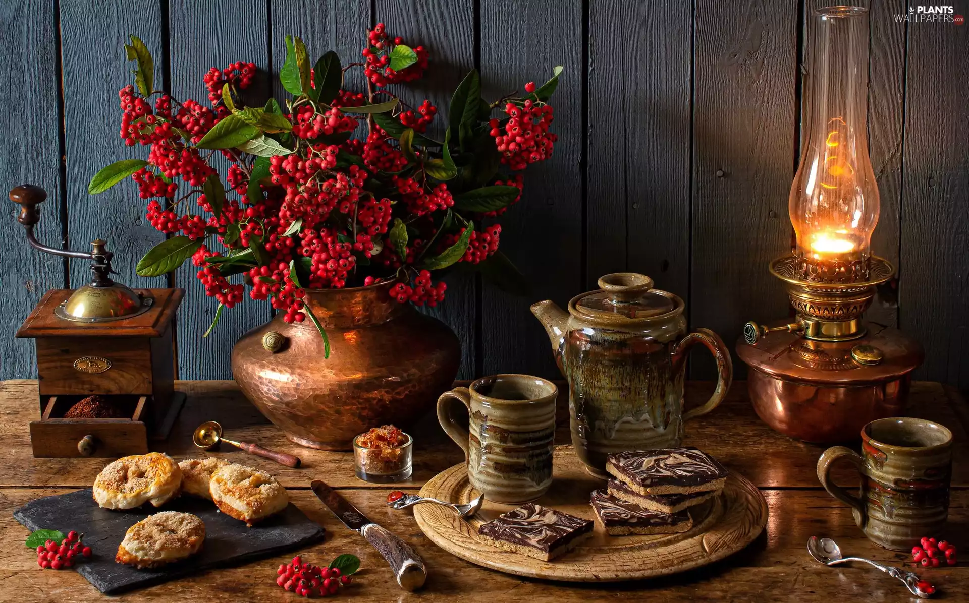 mill, jug, cake, Vase, knife, composition, Lamp, Plant, cups, Glasses