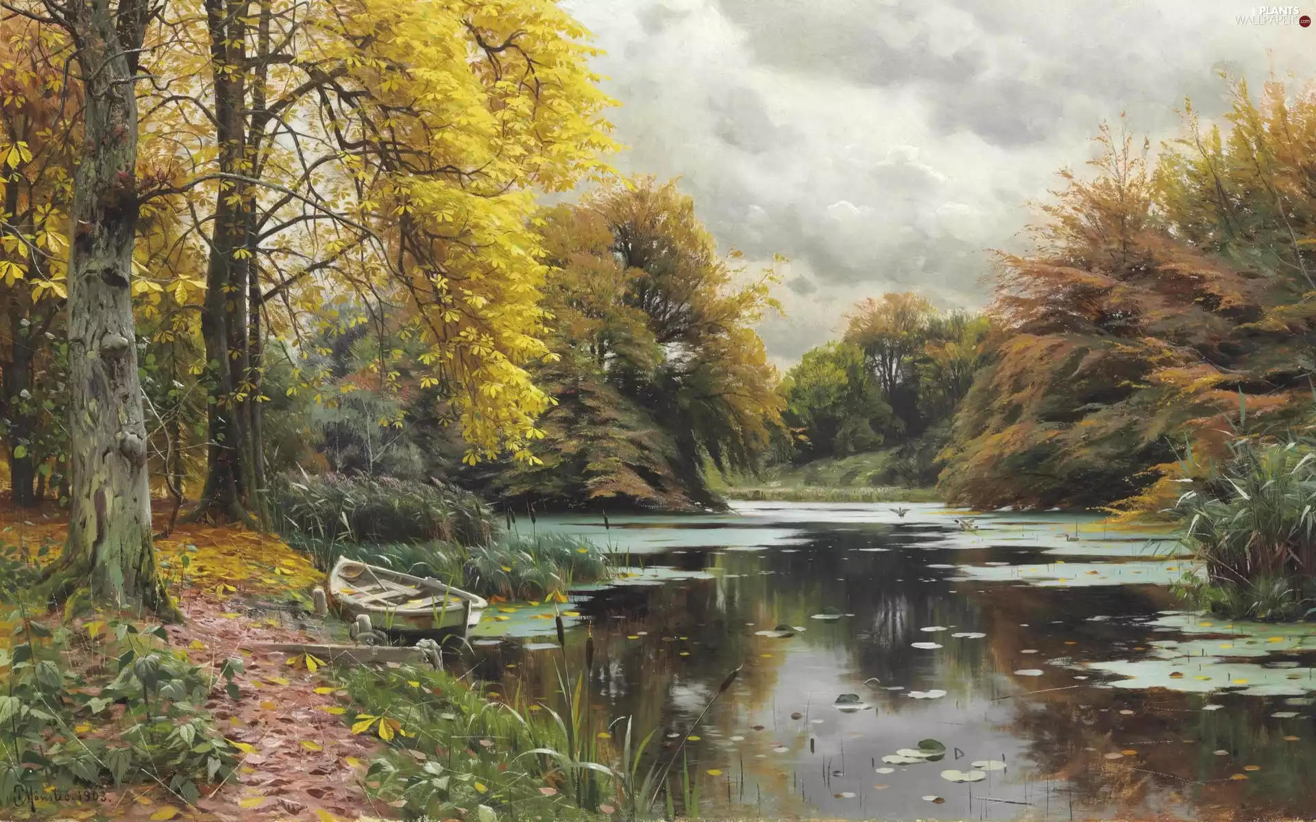 trees, copy, autumn, Boat, River, picture, landscape, Peder Mork Monsted, viewes, forest