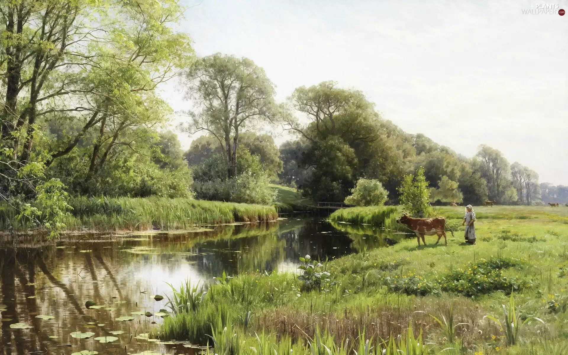 Meadow, Peder Mork Monsted, Cow, shepherdess, River, viewes, trees, picture, painting, bridge, pasturage