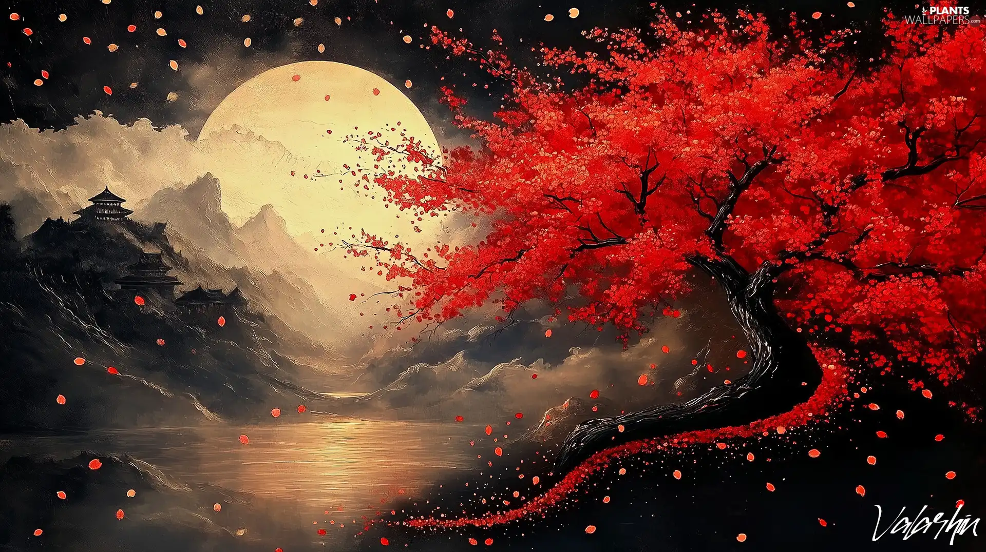 Mountains, moon, trees, lake, Red