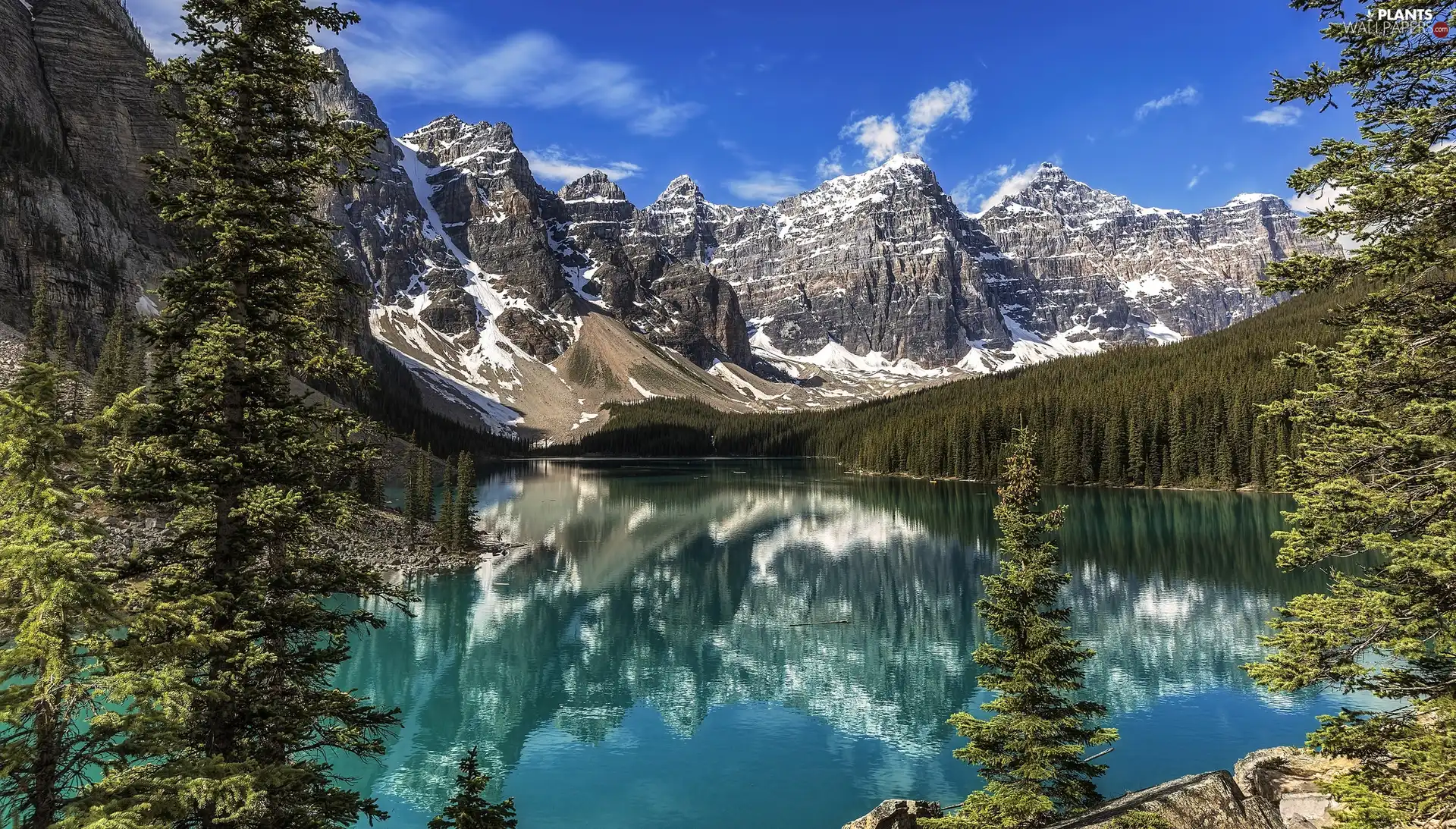 viewes, Alberta, Lake Moraine, clouds, forest, Canada, Banff National Park, reflection, Mountains, trees