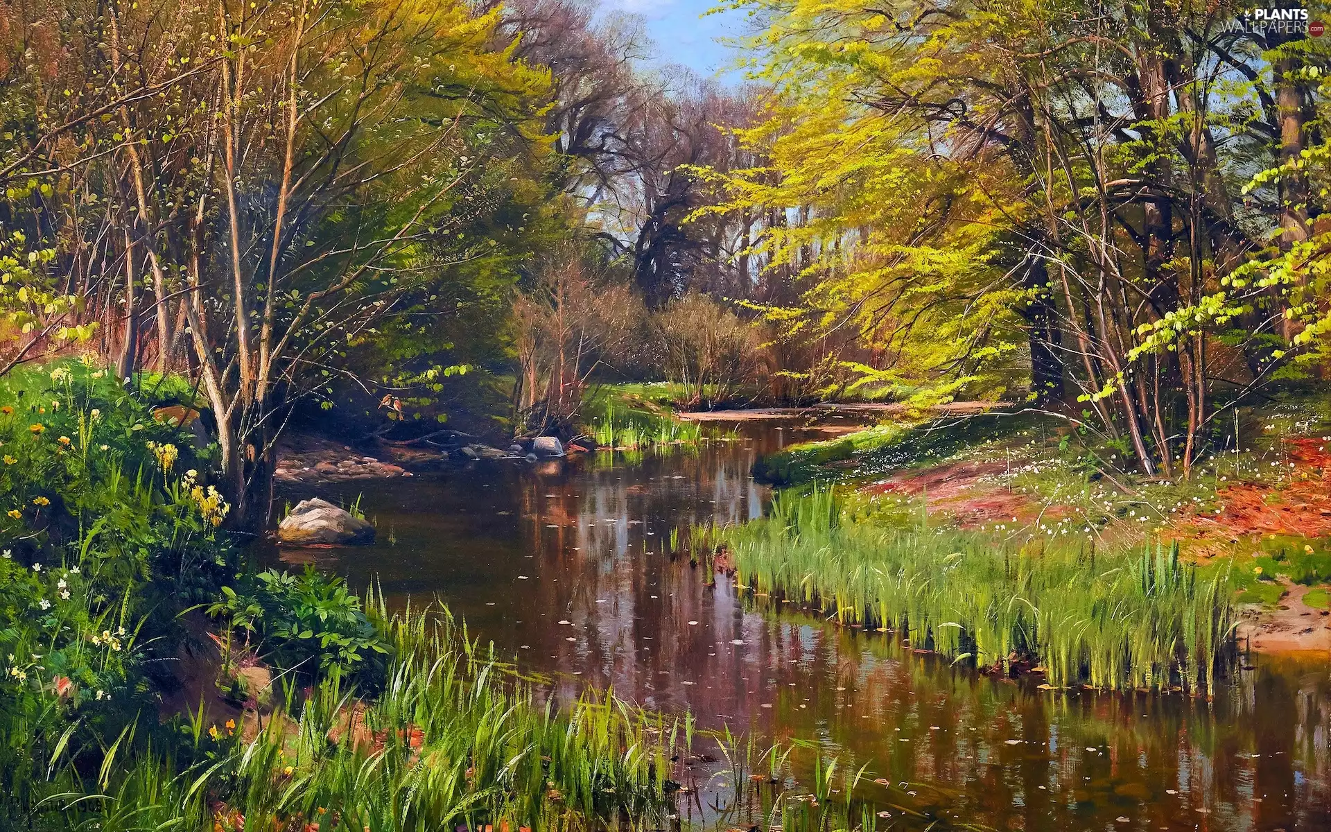 forest, River, rushes, VEGETATION, viewes, Peder Mork Monsted, Paintings Reproduction, trees