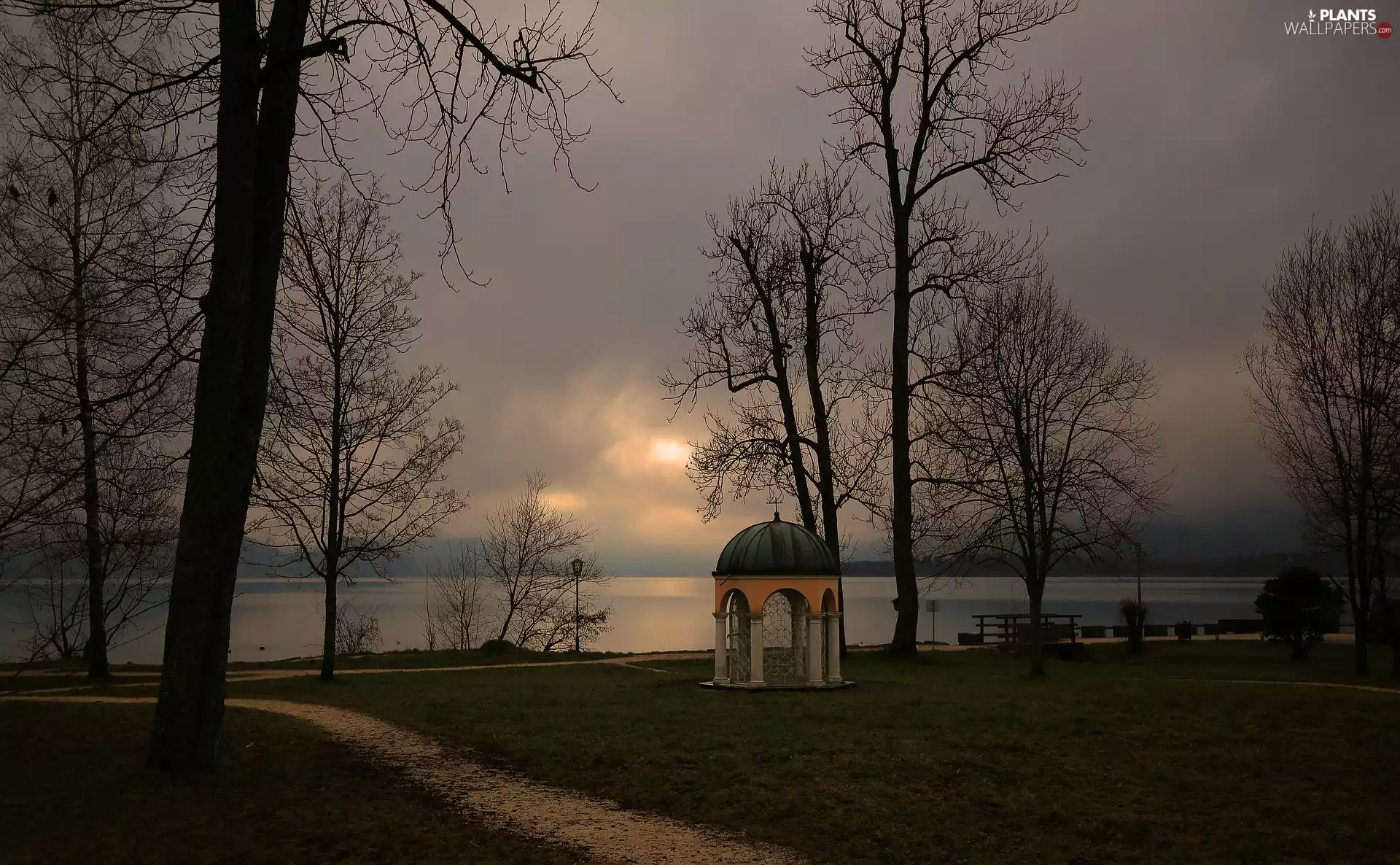arbour, lake, Fog, clouds, autumn, viewes, trees, morning