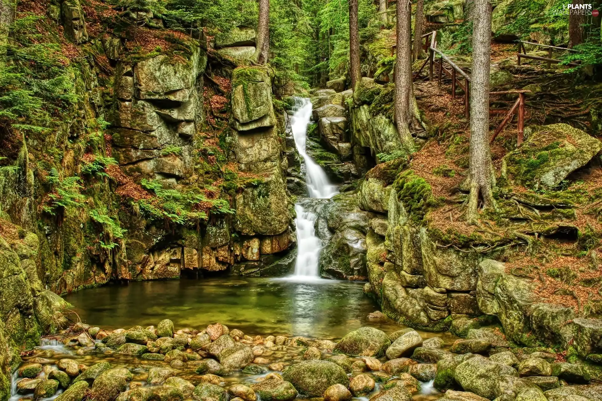 rocks, Giant Mountains, mossy, boulders, waterfall, Cutting