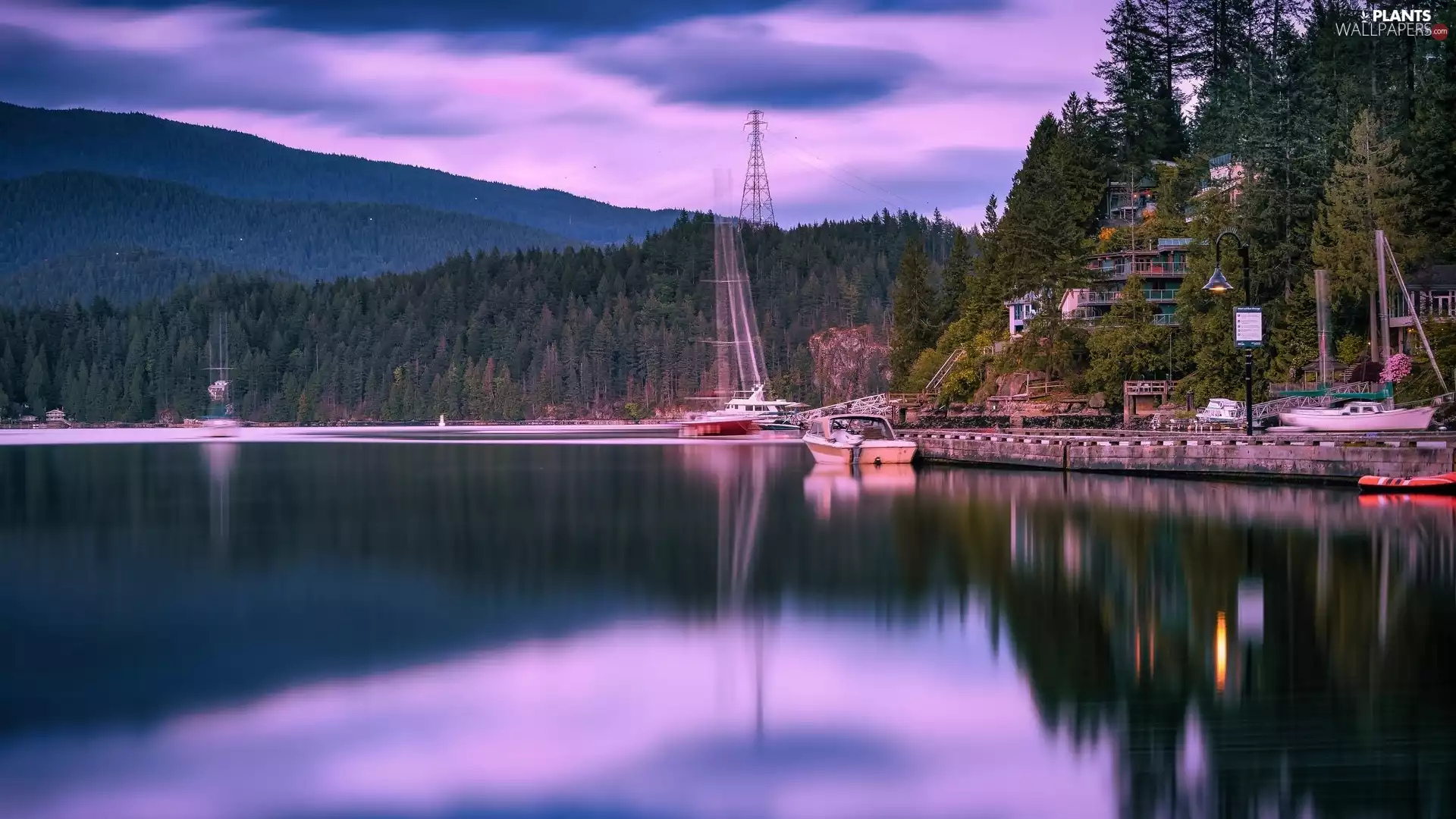 house, Mountains, viewes, motorboat, trees, lake