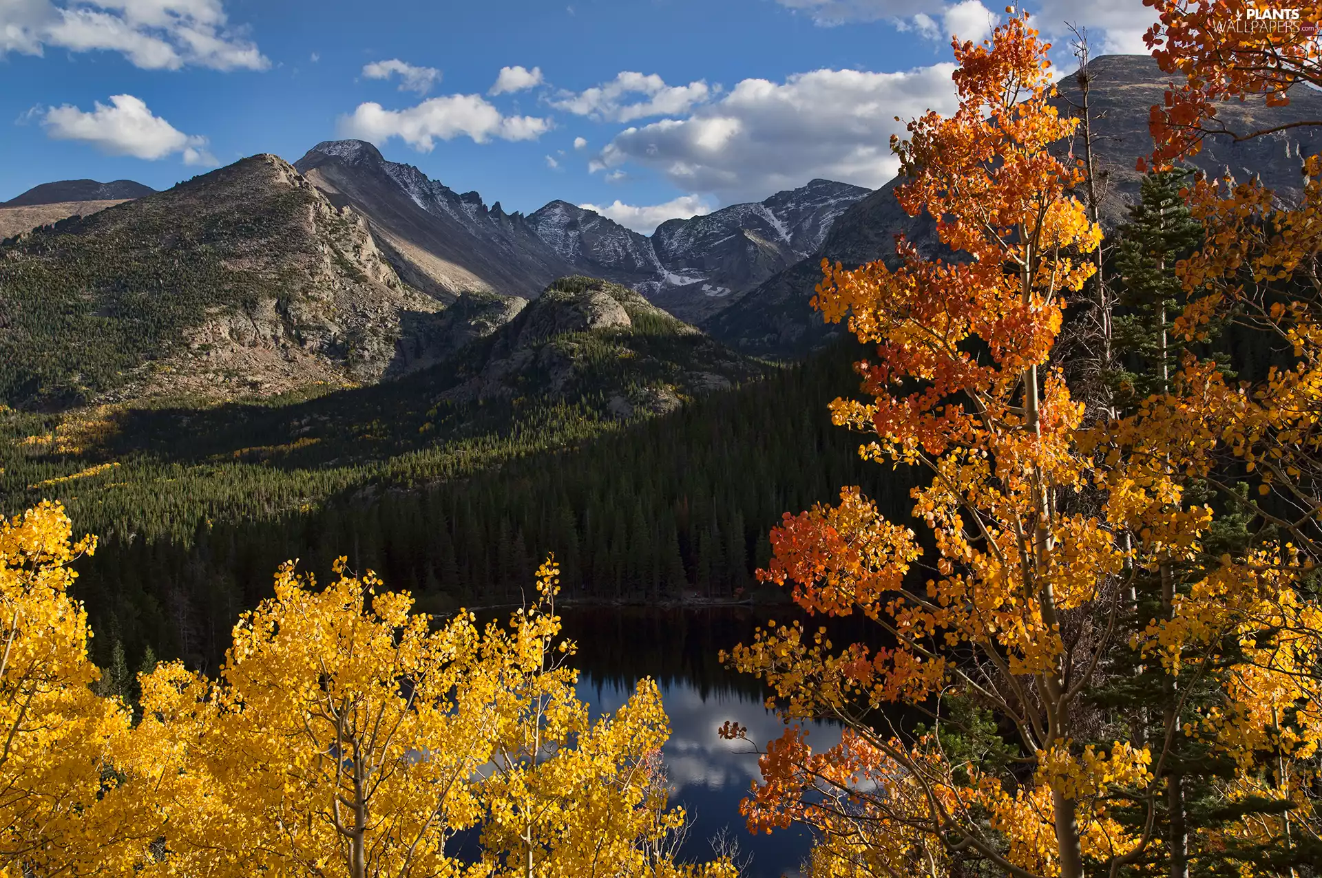 Bear Lake, rocky mountains, Rocky Mountain National Park, autumn, State of Colorado, The United States, viewes, clouds, trees