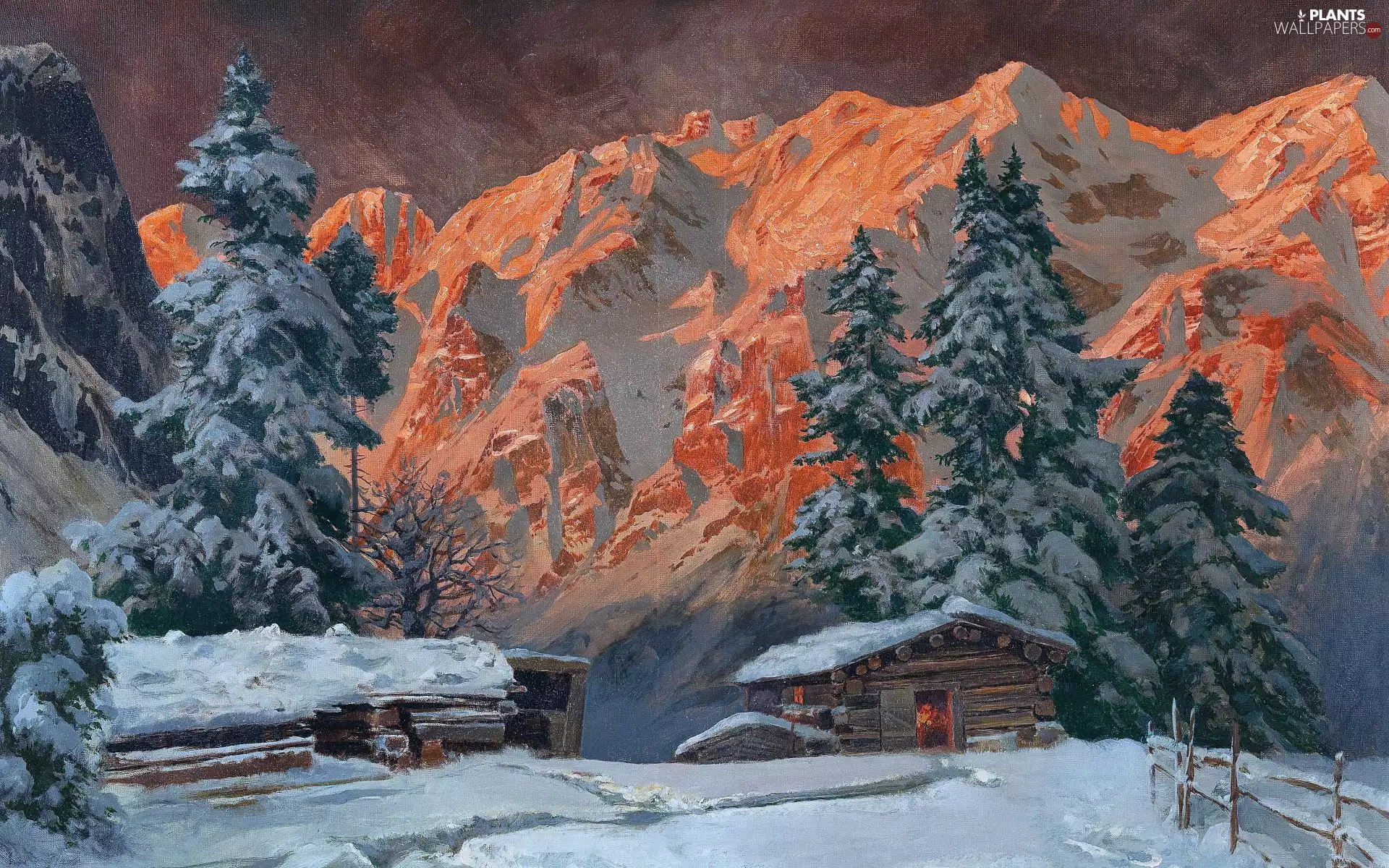 viewes, cote, Night, picture, snow, house, Mountains, Alois Arnegger, painting, trees