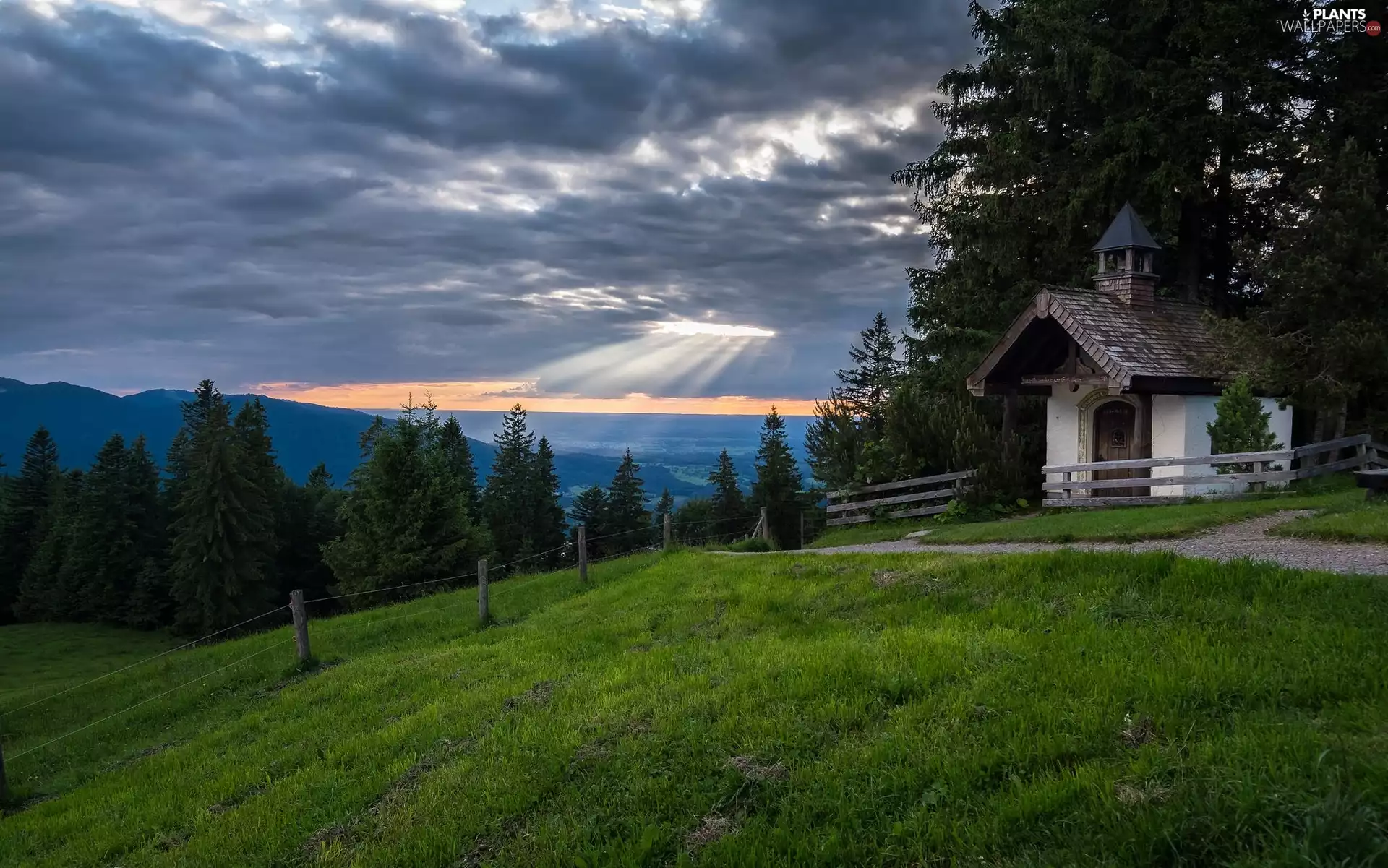 chapel, trees, viewes, Mountains