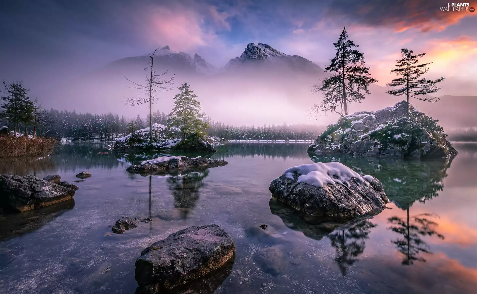 Stones, viewes, Bavaria, Fog, Germany, Alps, Lake Hintersee, Mountains, snow, winter, rocks, Berchtesgaden, trees