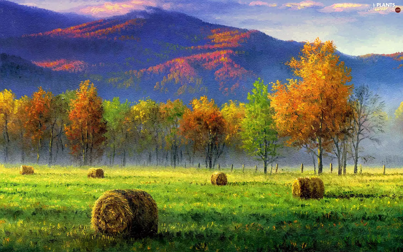 trees, picture, Hay, Mountains, painting, viewes, Field