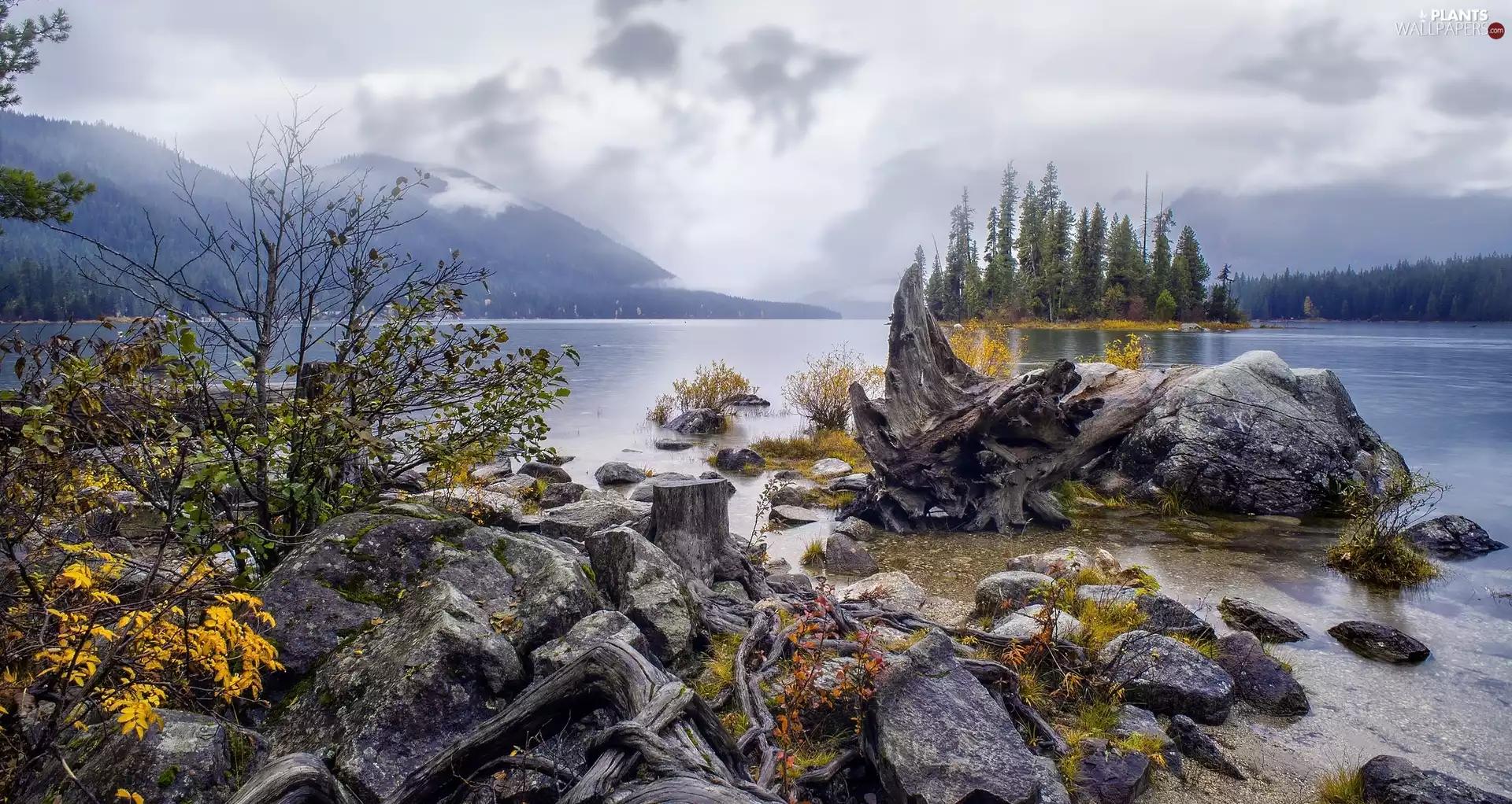 Stones, lake, viewes, Mountains, trees, Islet