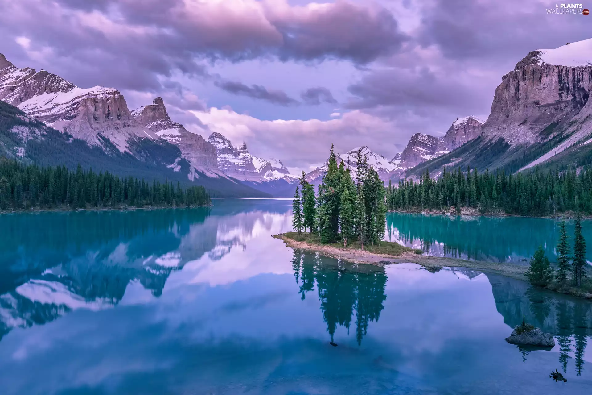 Maligne Lake, trees, Canada, viewes, Alberta, Mountains, Jasper National Park, clouds