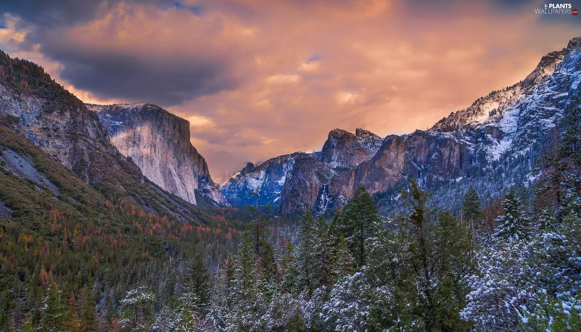 State of California, The United States, Yosemite National Park, Yosemite Valley, viewes, snow, El Capitan, trees, Mountains