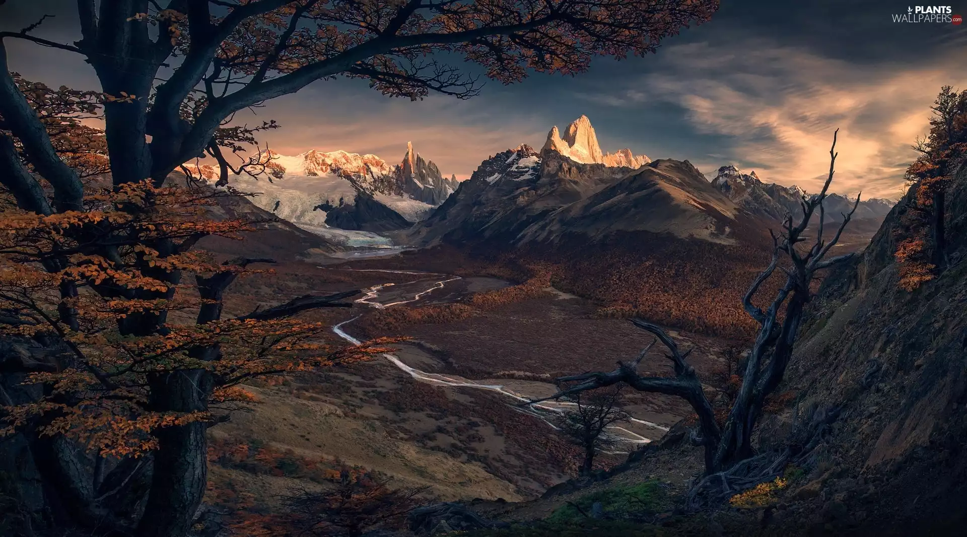 Los Glaciares National Park, Argentina, Mountains, Patagonia, viewes, River Rio de las Vueltas, autumn, trees, Fitz Roy Mountain