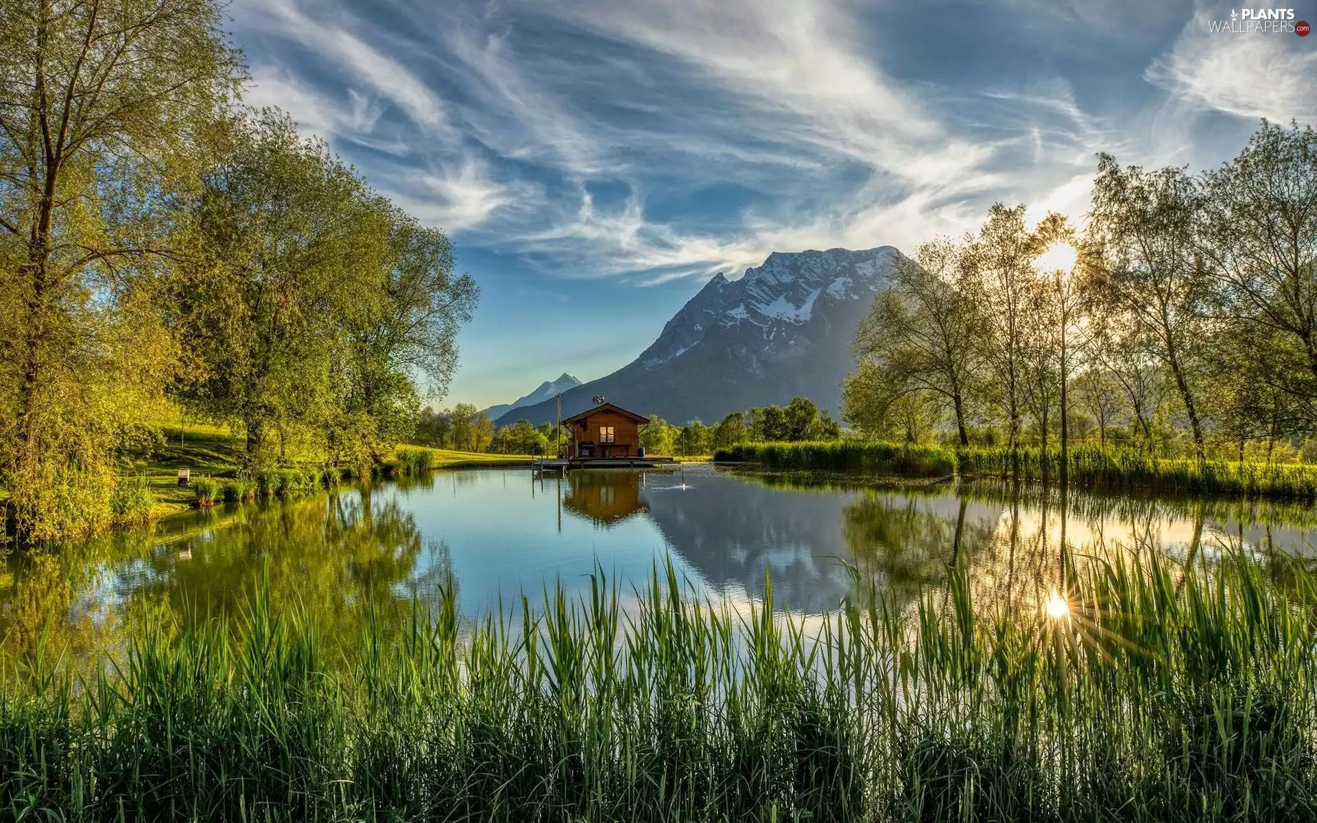 reflection, trees, house, viewes, rushes, lake, Mountains, rays of the Sun